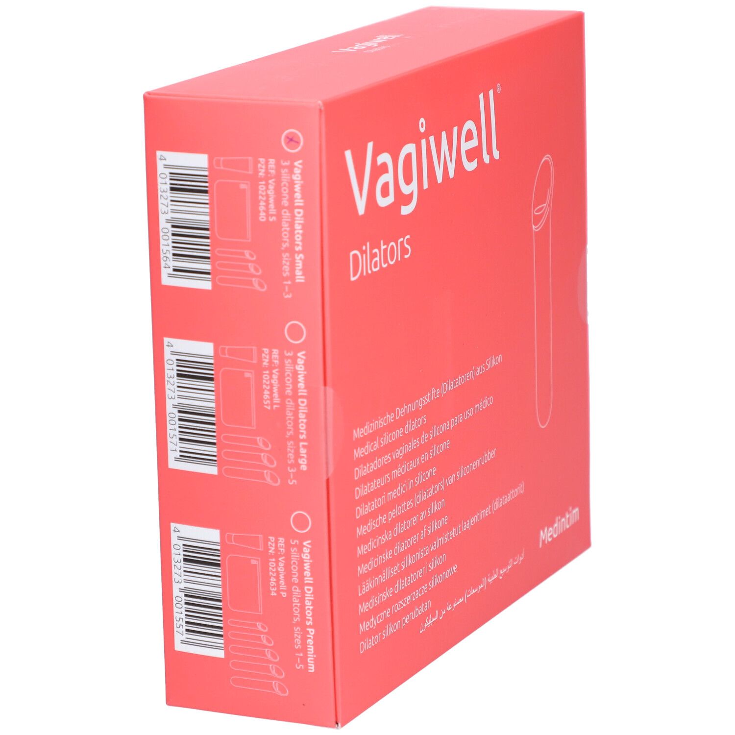 Vagiwell Dilatators verpakking, achterkant met meertalige informatie.