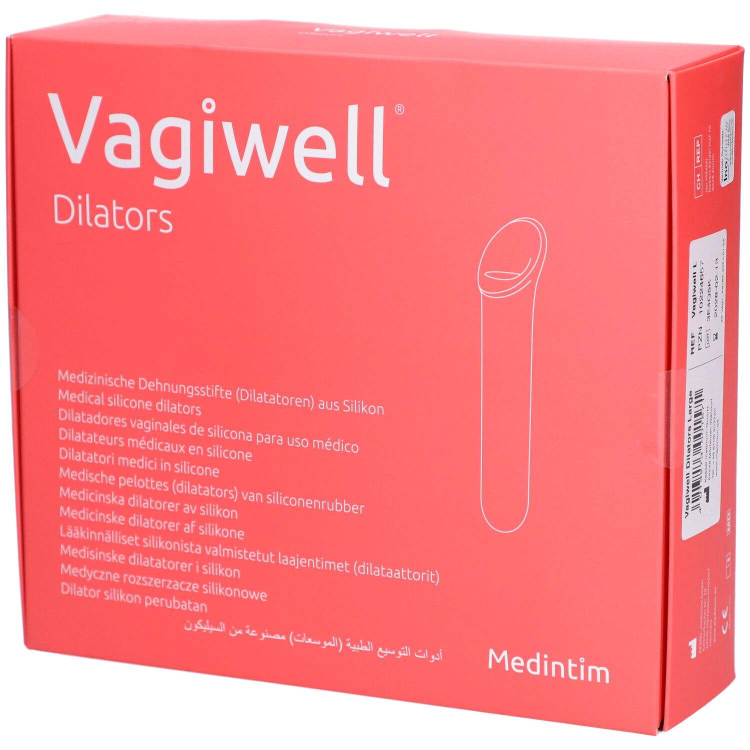 Vagiwell Dilatatoren doos met productafbeelding en meertalige productinformatie.