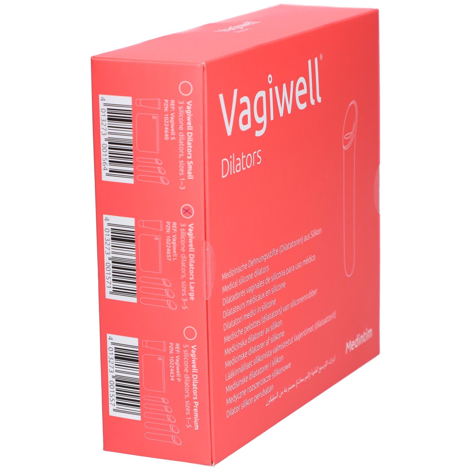 Rode verpakking met opschrift "Vagiwell Dilators" en afbeeldingen van drie verschillende dilatorgroottes.