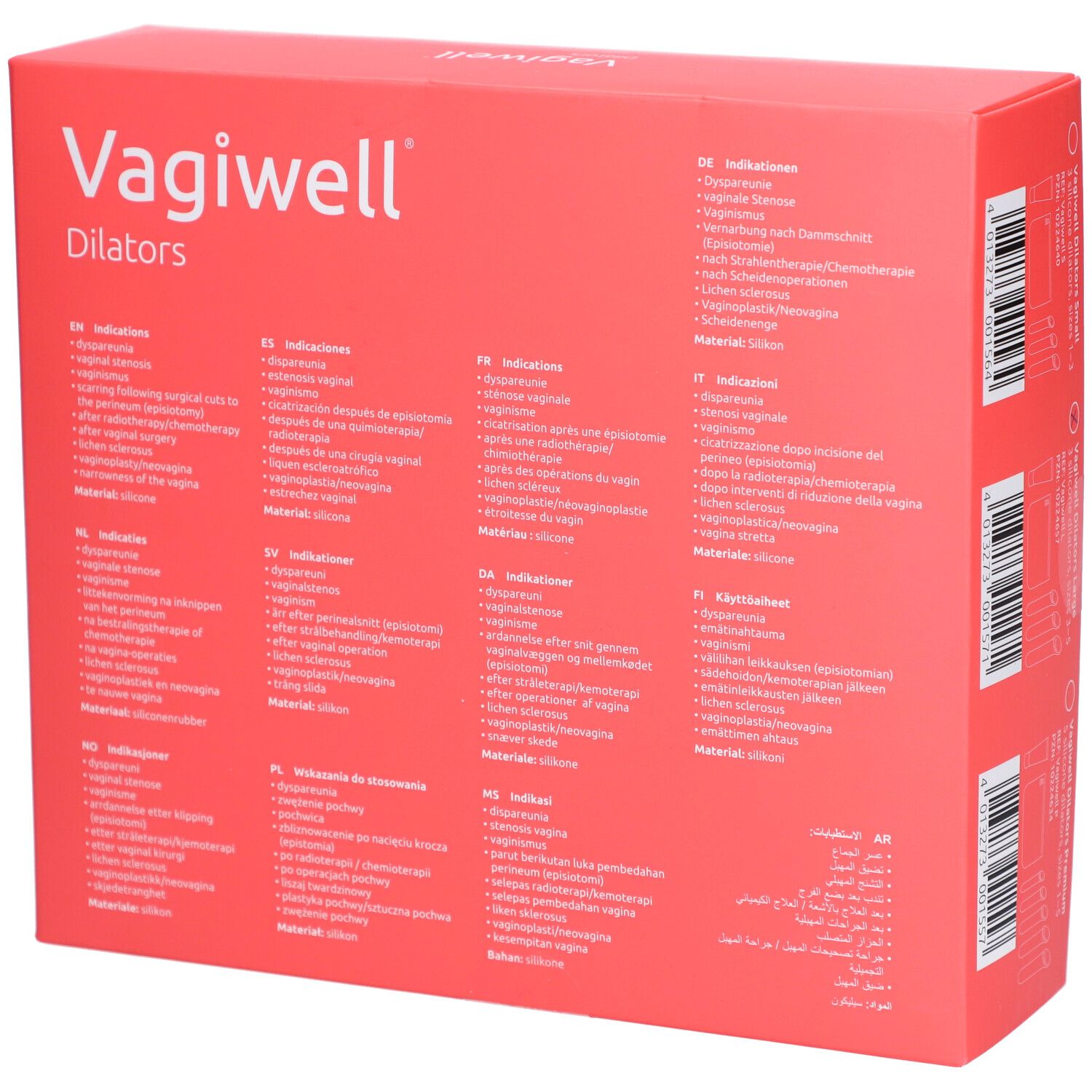 Vagiwell Dilators doos met gebruiksinstructies in meerdere talen.