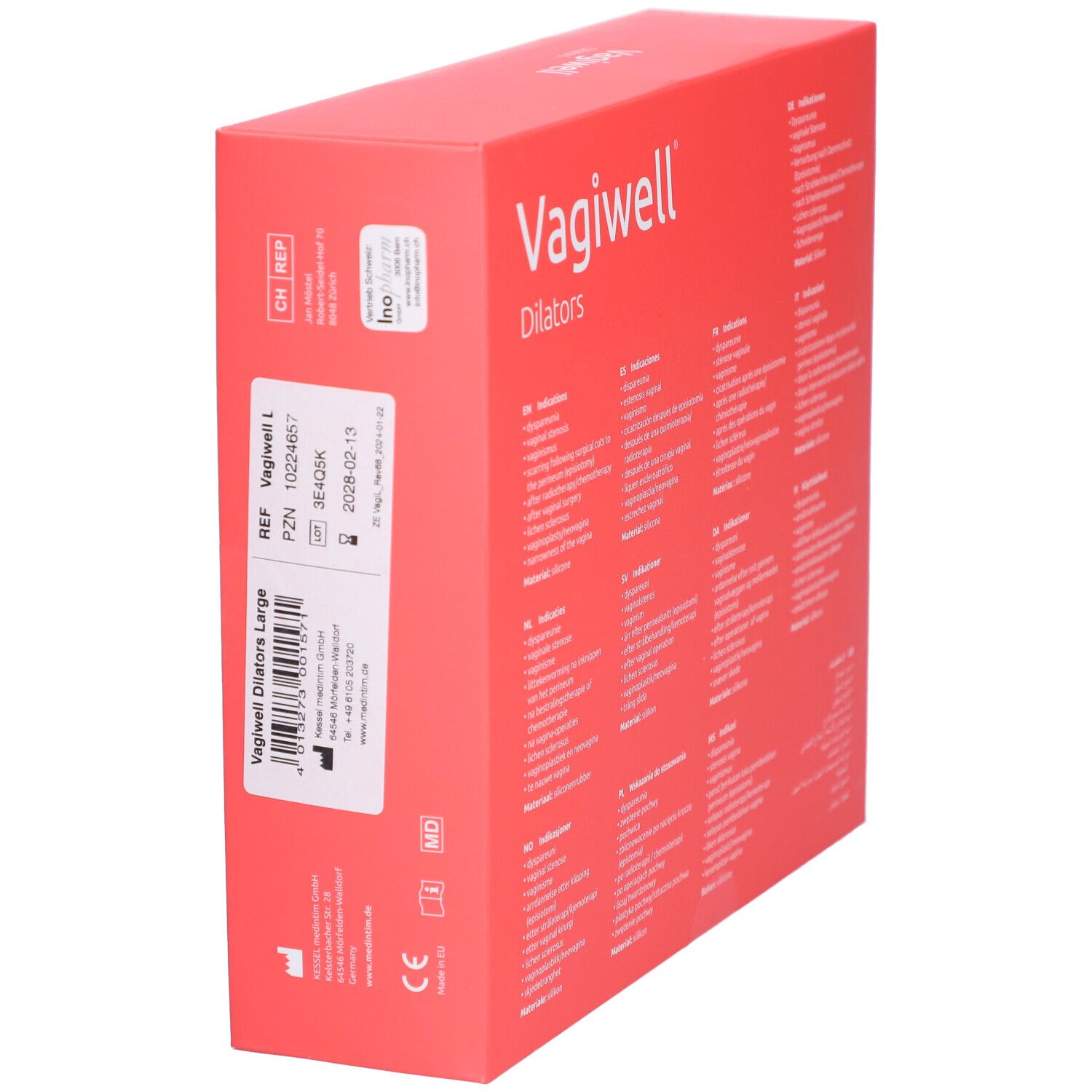 Vagiwell Dilatatoren Large doos, rood, met productinformatie en CE-markering.