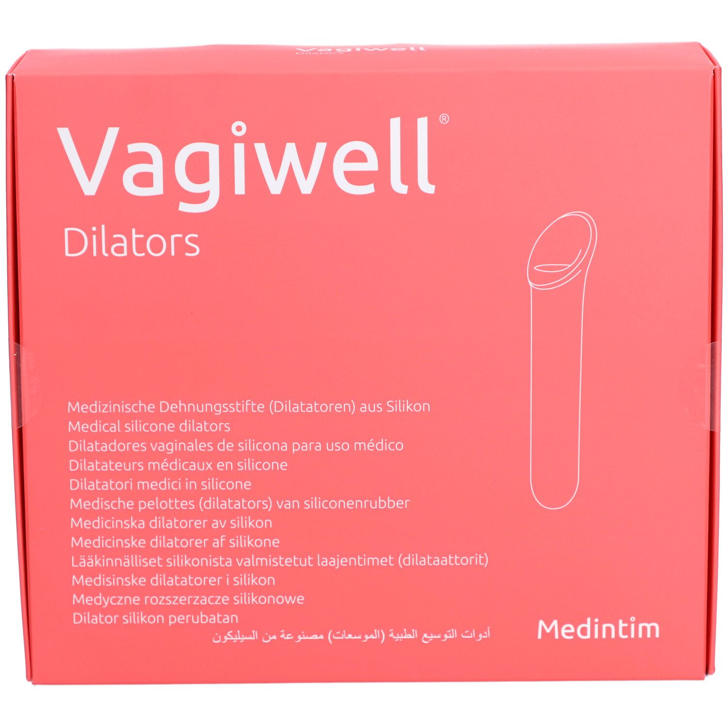 Vagiwell Dilators productverpakking met schematische weergave van een dilator.