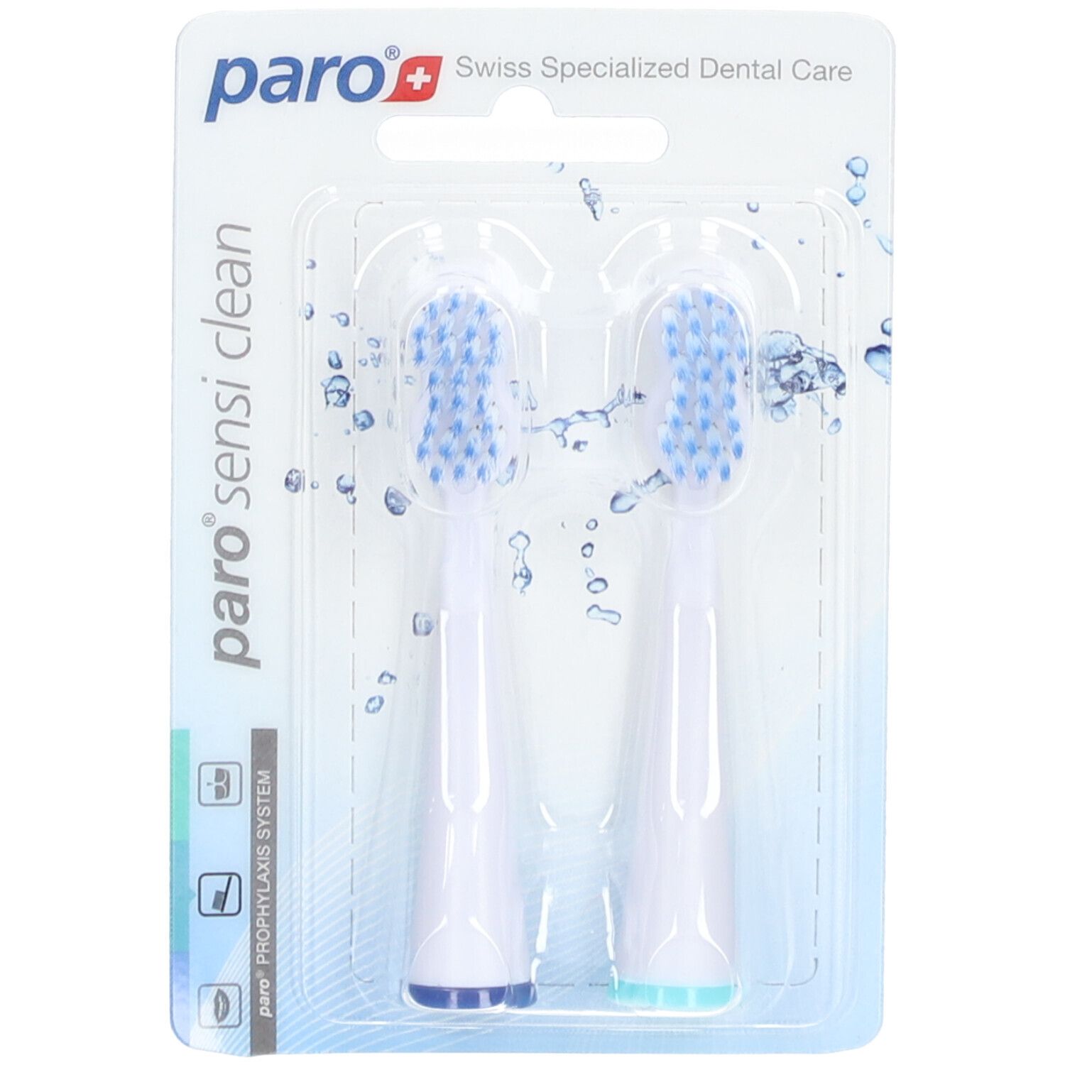 Twee paro® Sensi Clean vervangende opzetborstels in blisterverpakking.