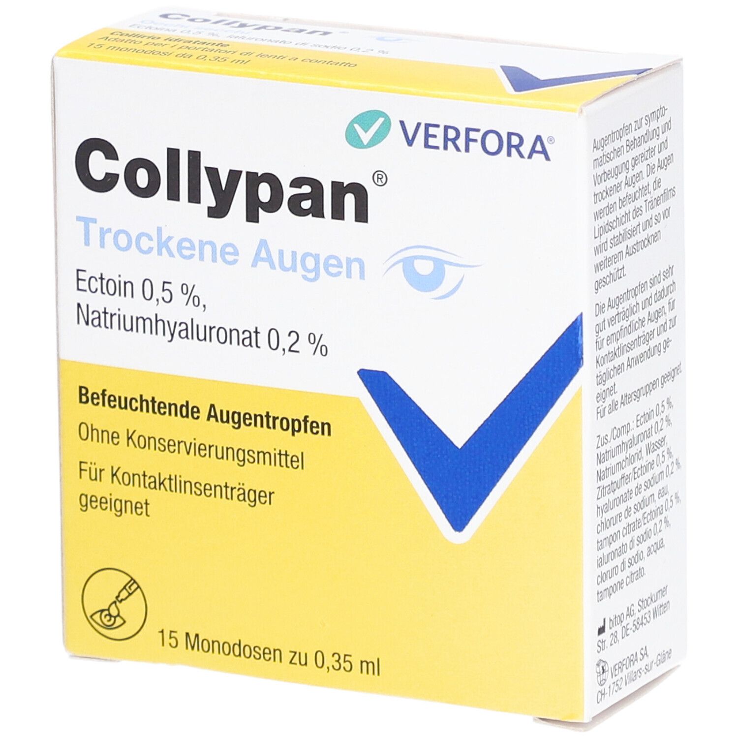 Doosje Collypan Trockene Augen. Bevat 15 monodoses. Ectoïne 0,5%, natriumhyaluronaat 0,2%. Voor droge ogen.