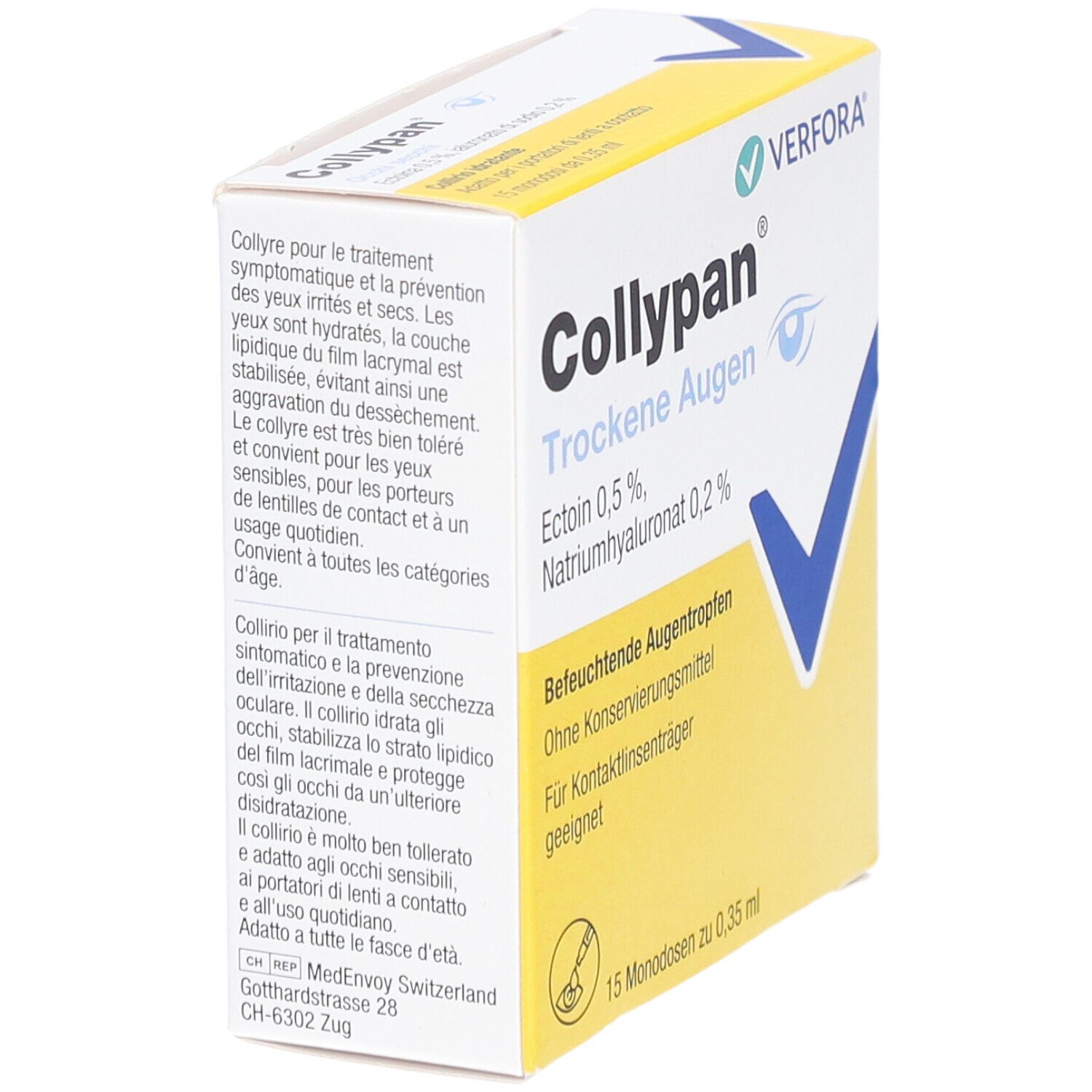Schuin geplaatste verpakking van Collypan Trockene Augen. Bevat 15 monodoses. Ingrediënten en logo fabrikant zichtbaar.