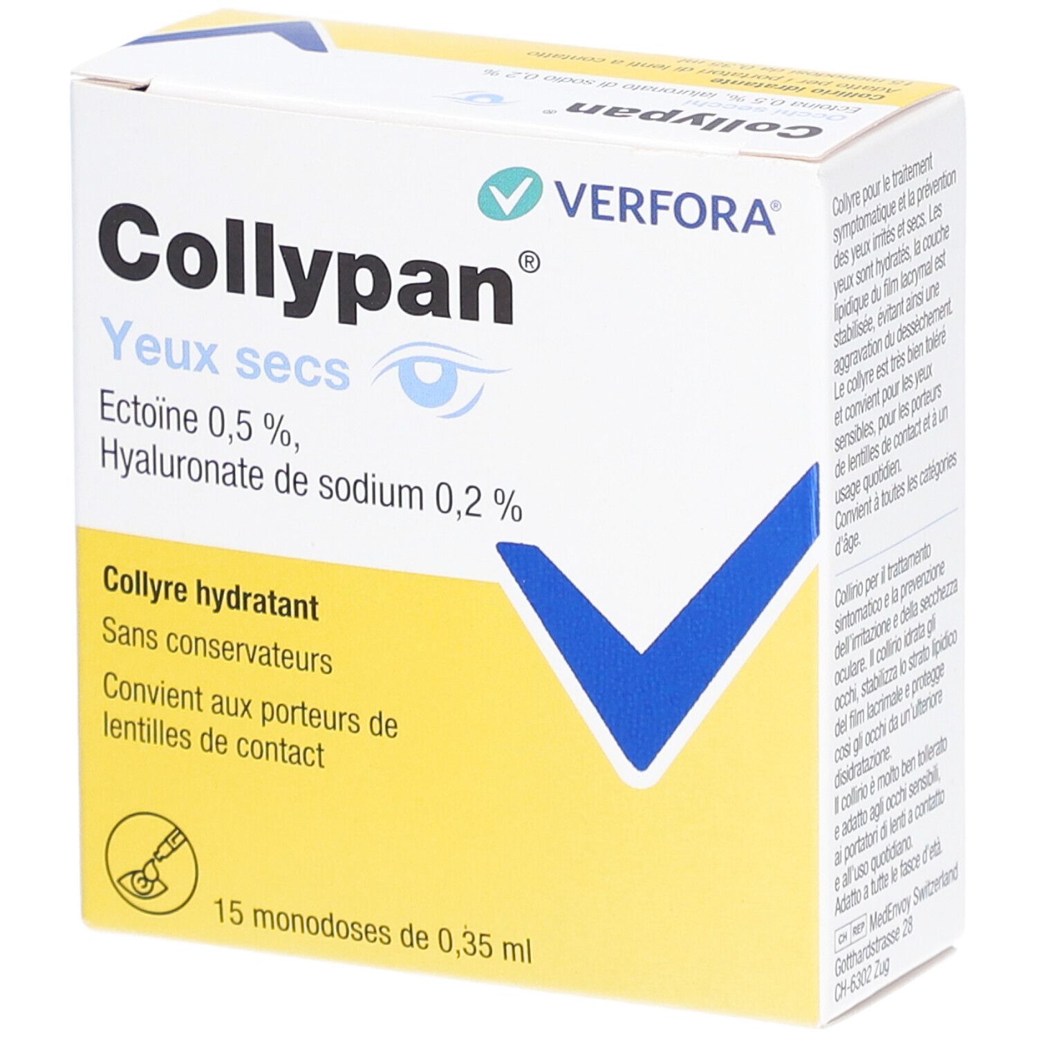 Verpakking Collypan, Franse tekst. Bevat 15 monodoses. Ingrediënten en logo fabrikant zichtbaar.