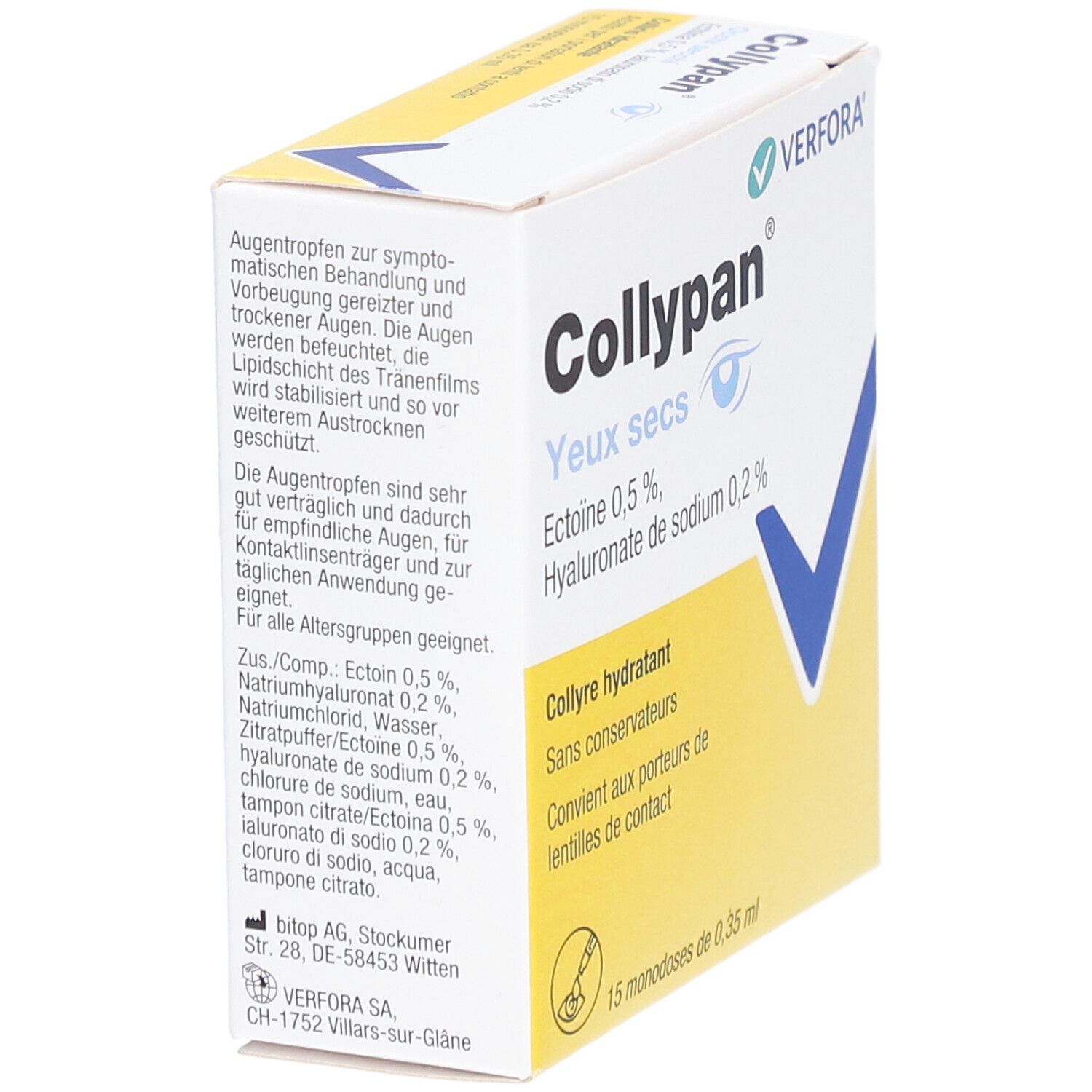 Verpakking Collypan, Franse tekst. Bevat 15 monodoses. Ingrediënten en logo fabrikant zichtbaar.