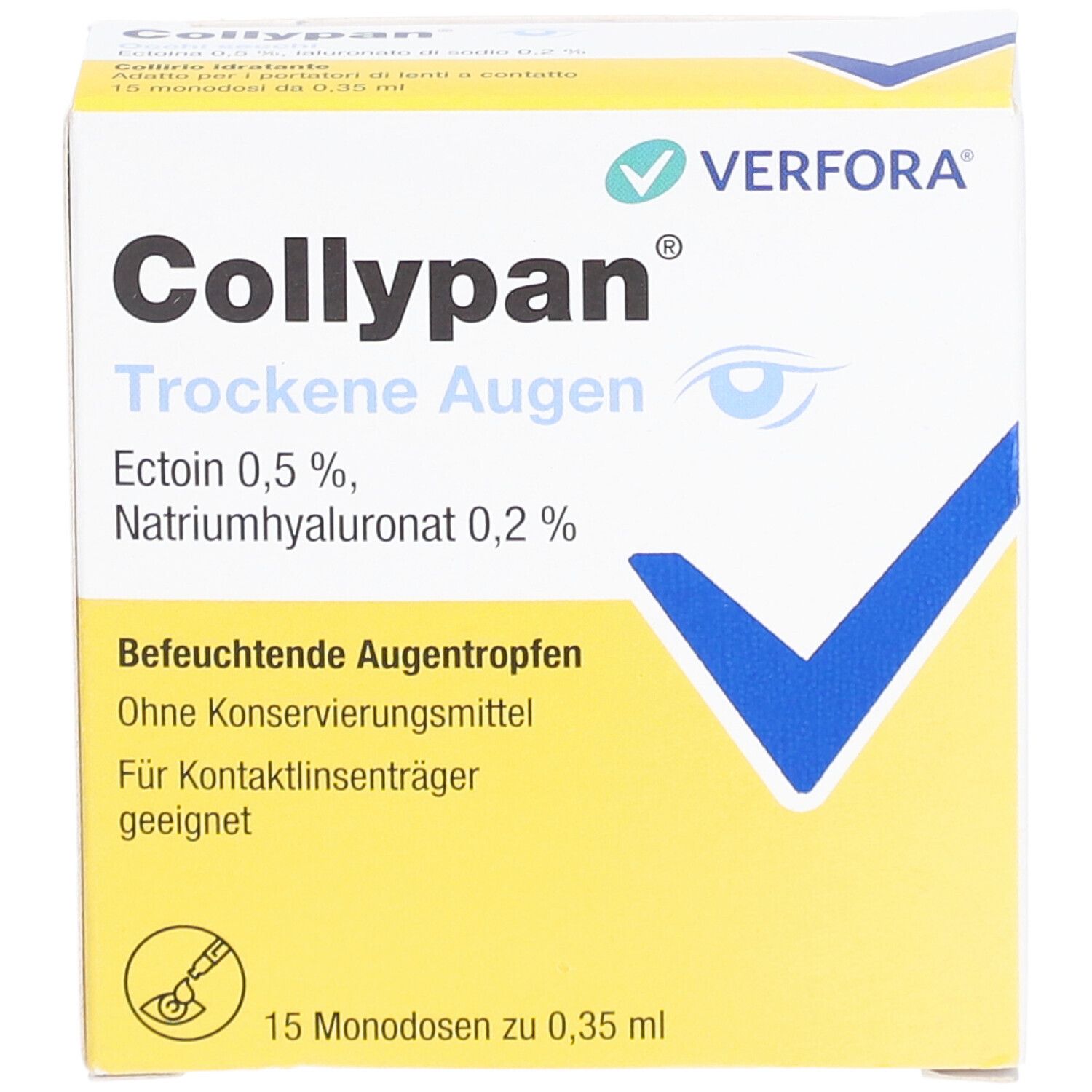 Verpakking Collypan Trockene Augen. Bevat 15 monodoses. Ingrediënten en logo fabrikant zichtbaar.