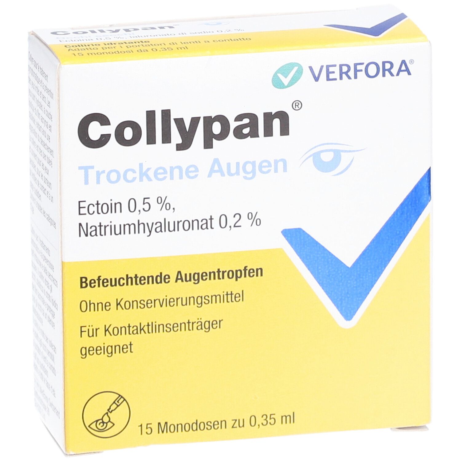 Verpakking Collypan Trockene Augen. Bevat 15 monodoses. Ingrediënten en logo fabrikant zichtbaar.