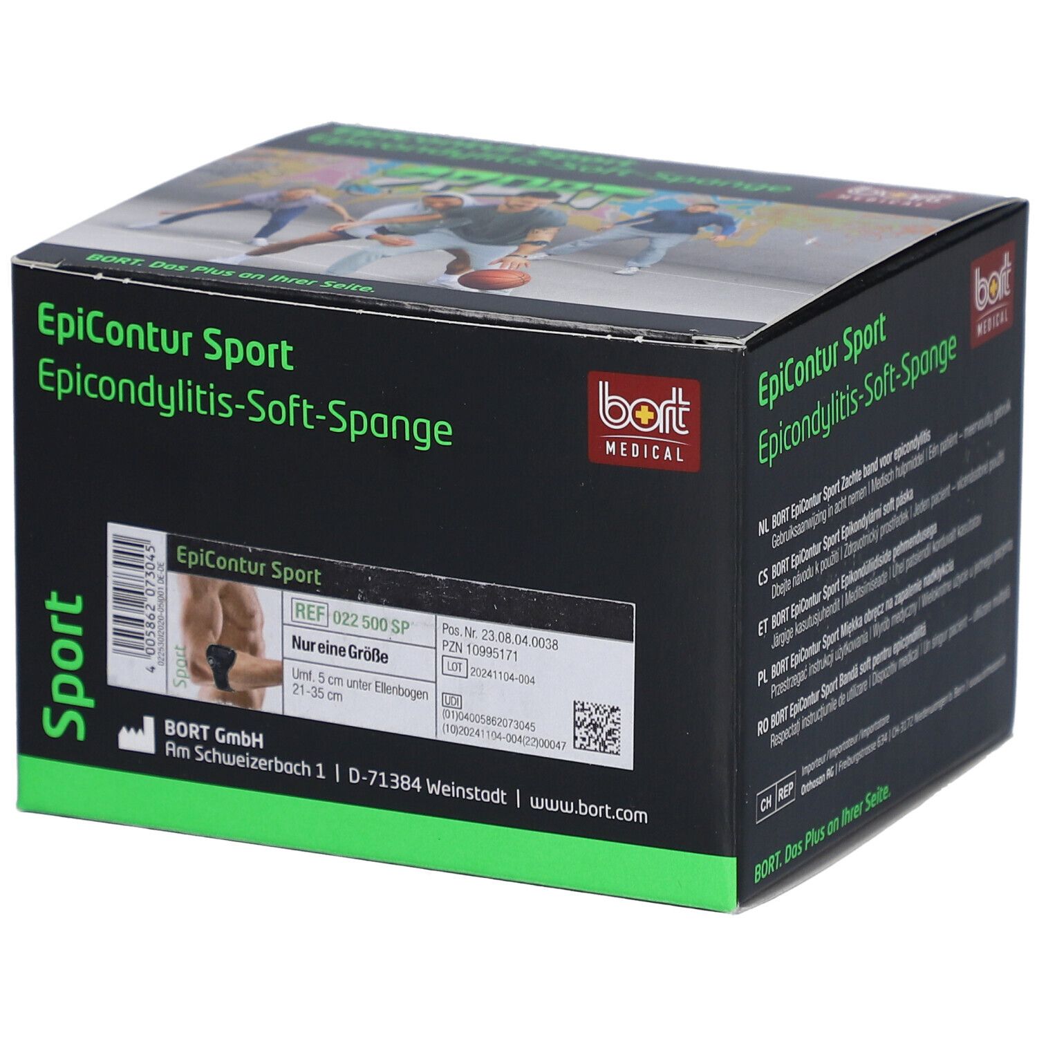 Boîte noire BORT EpiContur Sport. Texte : EpiContur Sport, Epicondylitis-Soft-Spange. Logo : BORT MEDICAL. Inscription : Nur eine Größe (une seule taille).