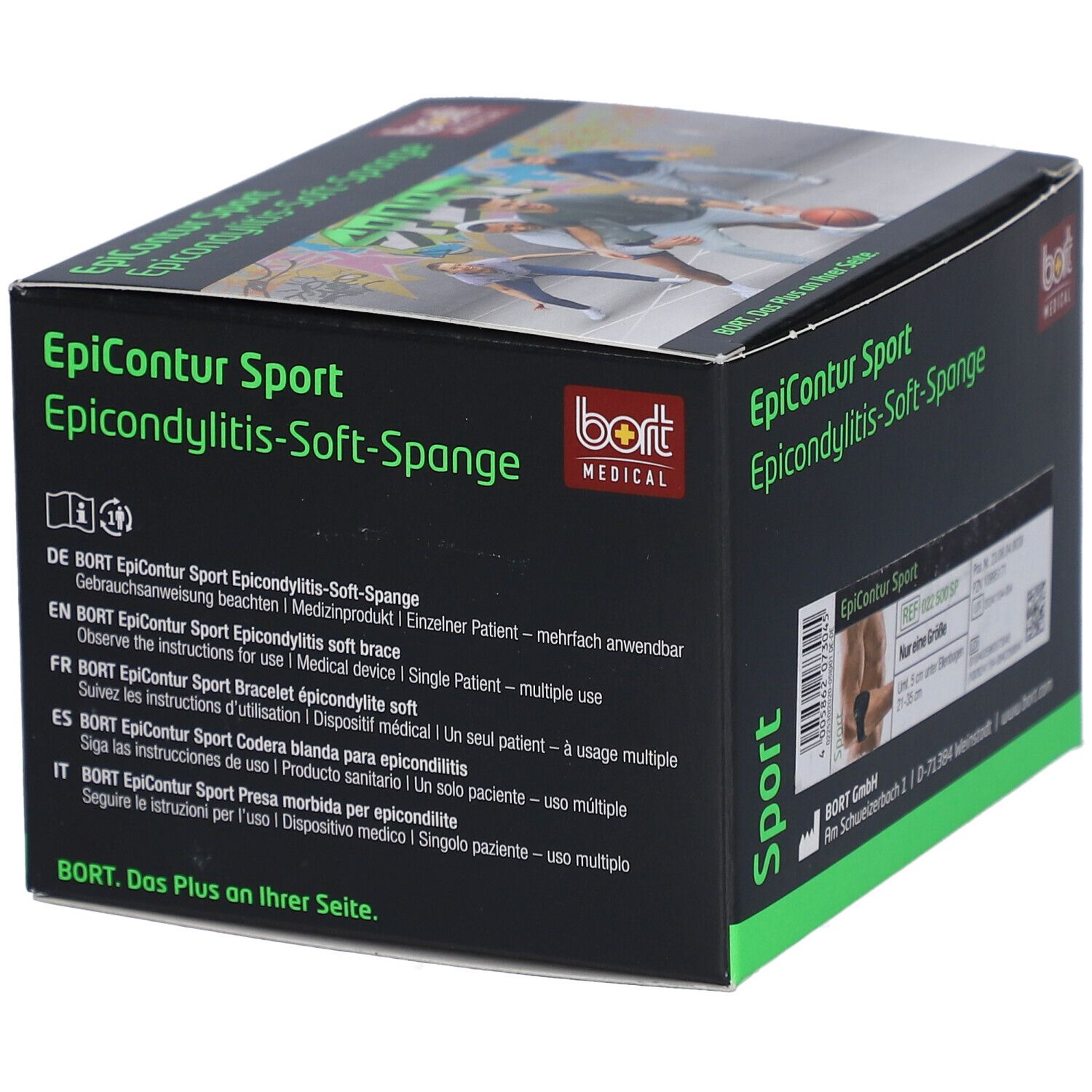 Boîte noire BORT EpiContur Sport. Texte : EpiContur Sport, Epicondylitis-Soft-Spange. Logo : BORT MEDICAL. Textes multilingues sur le côté.