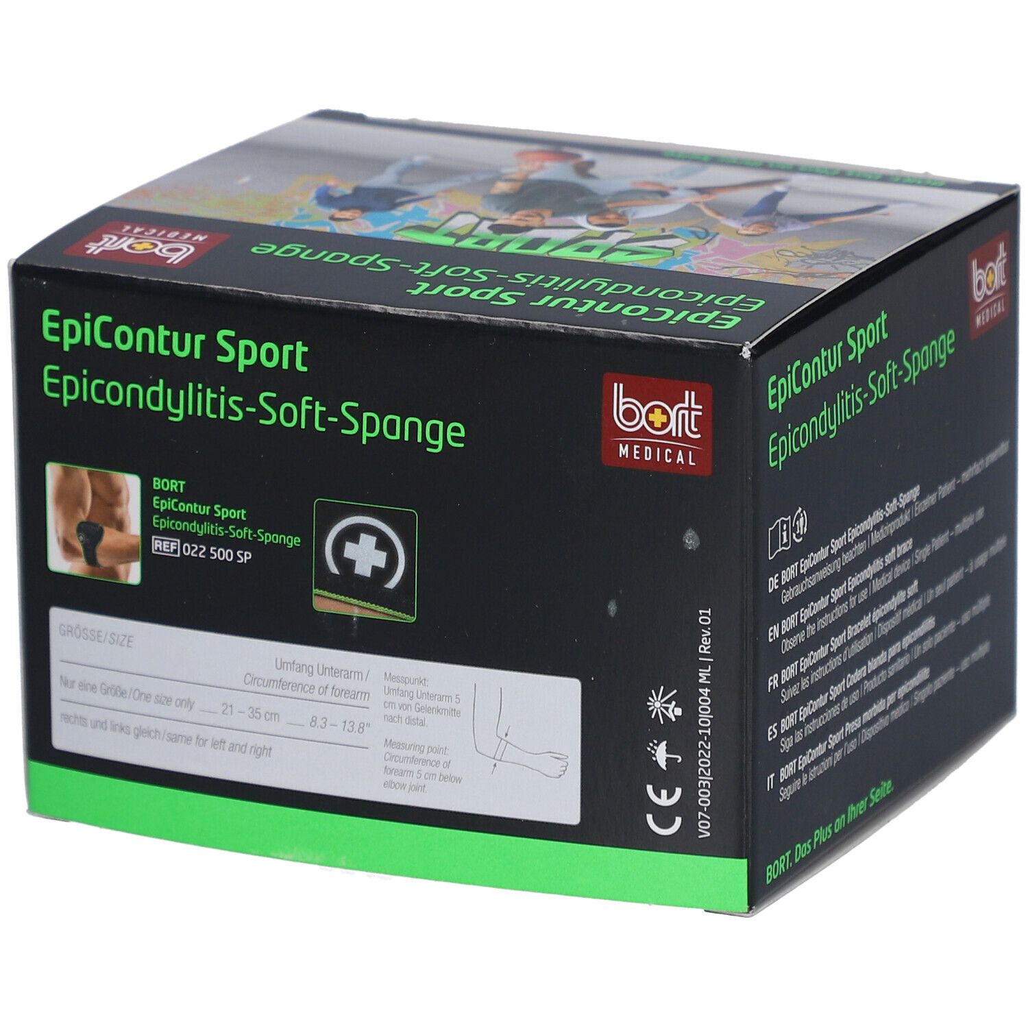 Boîte noire BORT EpiContur Sport. Texte : EpiContur Sport, Epicondylitis-Soft-Spange. Logo : BORT MEDICAL. Indications de taille et pictogrammes.