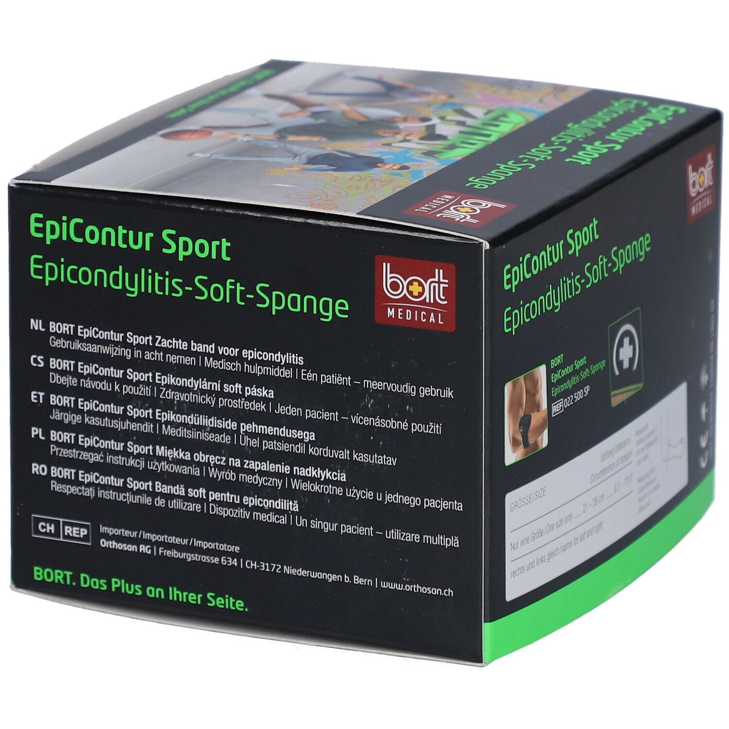 Boîte noire BORT EpiContur Sport. Texte : EpiContur Sport, Epicondylitis-Soft-Spange. Logo : BORT MEDICAL. Textes multilingues au dos.