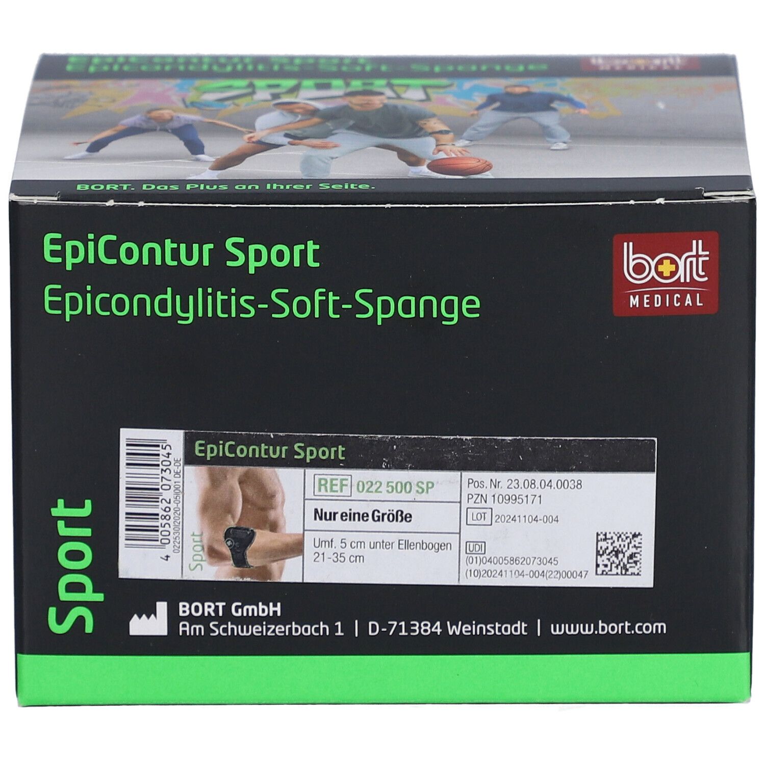 Boîte noire BORT EpiContur Sport. Texte : EpiContur Sport, Epicondylitis-Soft-Spange. Logo : BORT MEDICAL. Inscription : Nur eine Größe. Code QR.