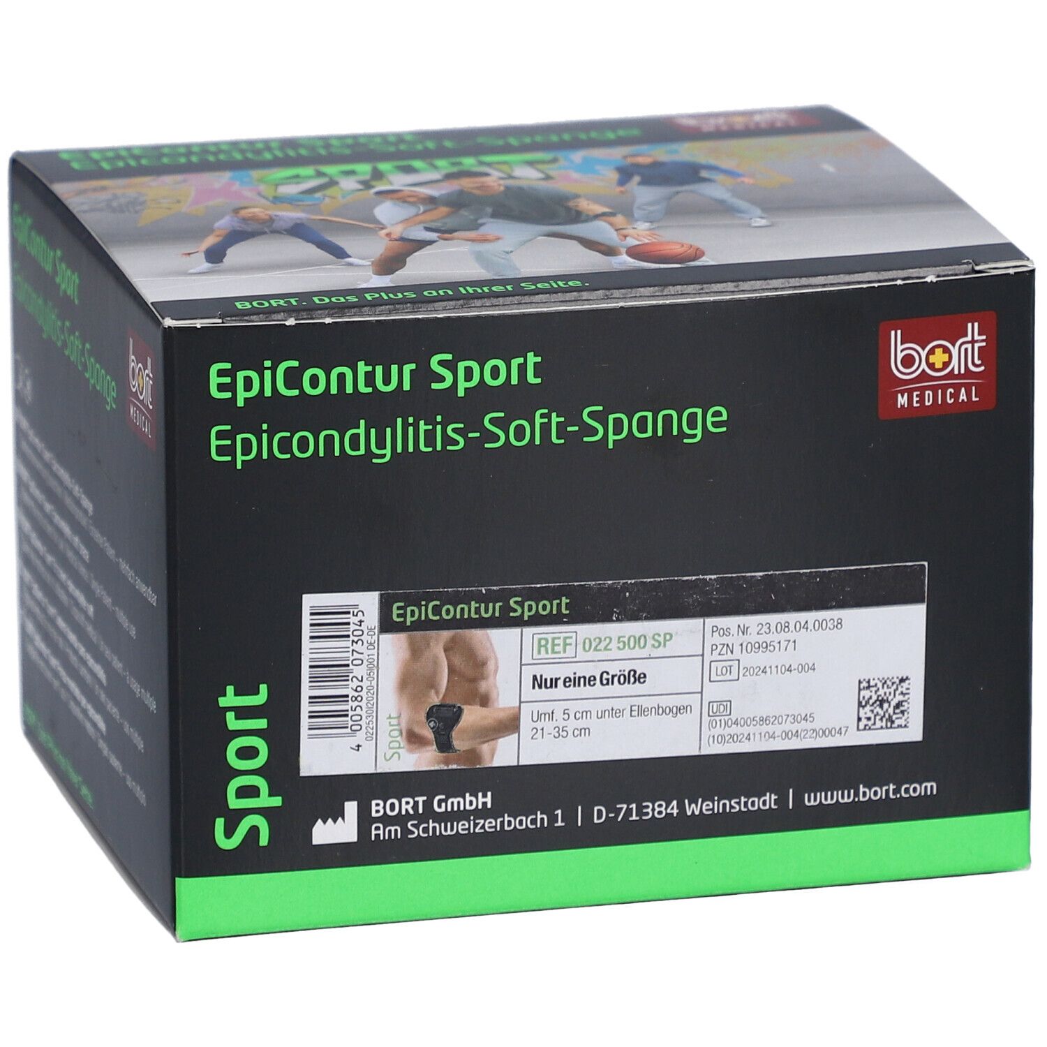 Boîte noire BORT EpiContur Sport. Texte : EpiContur Sport, Epicondylitis-Soft-Spange. Logo : BORT MEDICAL. Inscription : Nur eine Größe. Code QR.