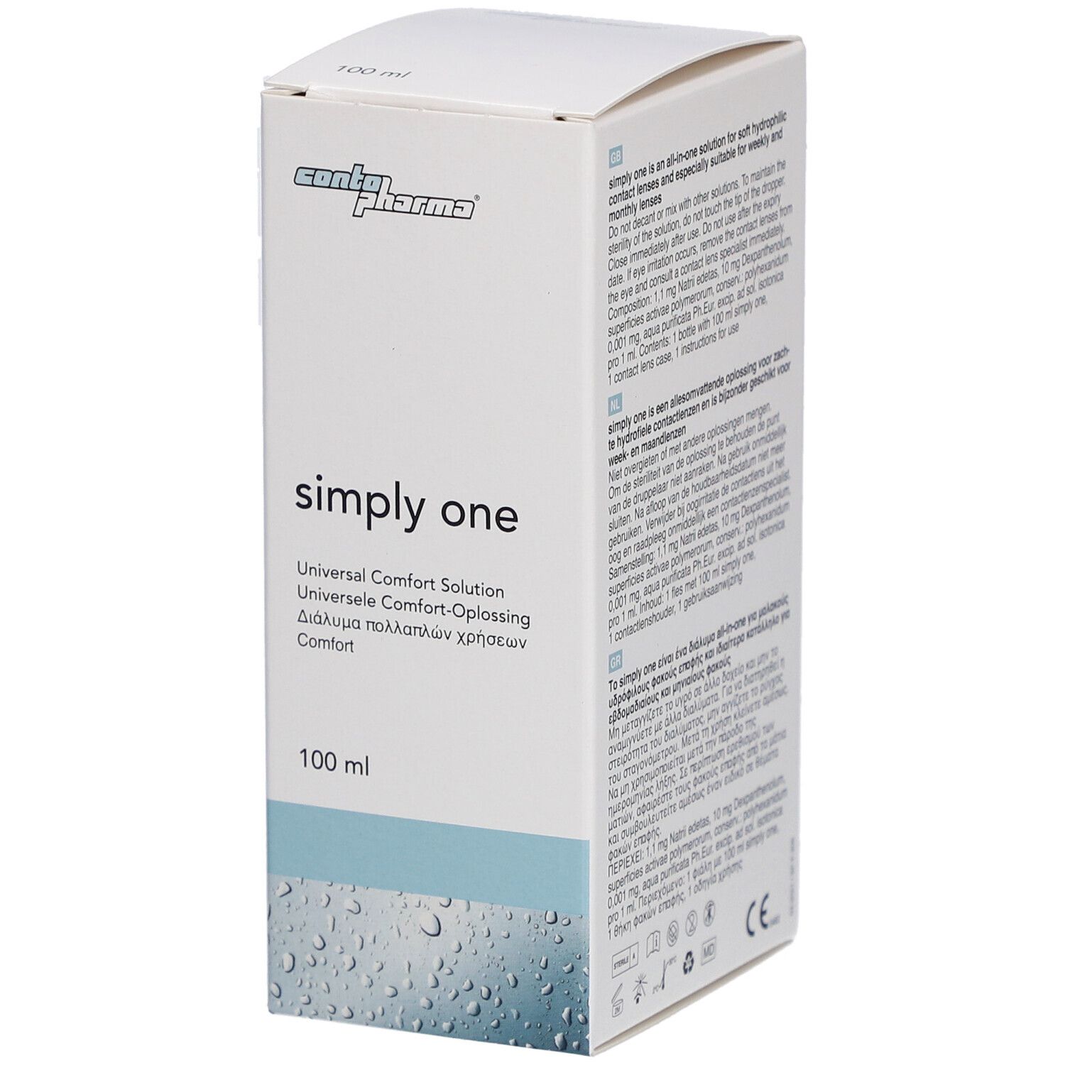 Witte doos met "conta pharma" logo en "simply one" tekst. 100 ml. Tekst in meerdere talen.