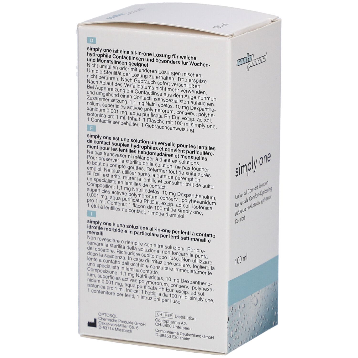 Achterkant van de witte doos. Tekst in meerdere talen. "simply one" en "100 ml" zichtbaar.