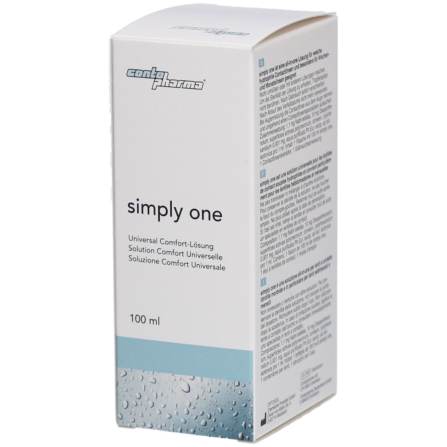Witte doos met "conta pharma" logo en "simply one" tekst. 100 ml. Tekst in meerdere talen.