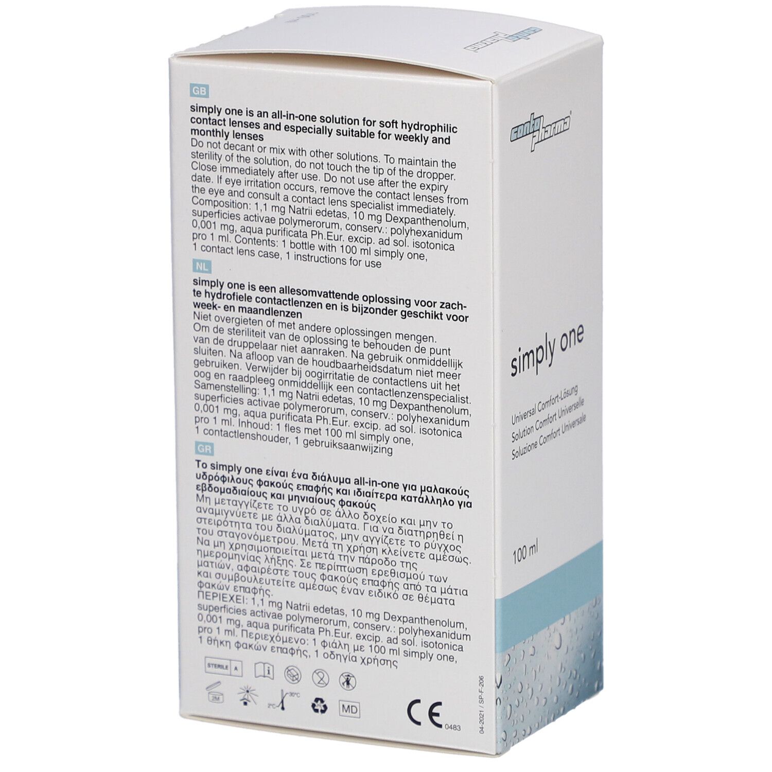 Achterkant van de witte doos. Tekst in meerdere talen. "simply one" en "100 ml" zichtbaar.