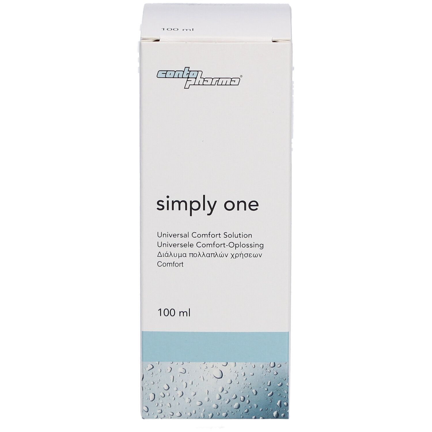 Witte kartonnen verpakking met "conta pharma" logo en "simply one" tekst. 100 ml. Blauwe streep.
