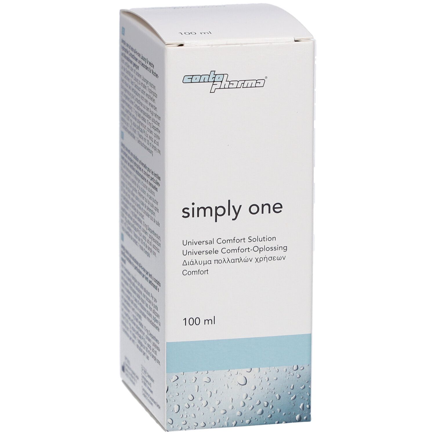 Witte kartonnen verpakking met "conta pharma" logo en "simply one" tekst. 100 ml. Blauwe streep.