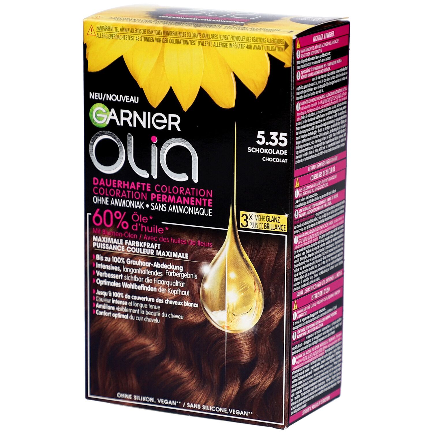 Garnier Olia permanente haarkleur 5.35 chocoladebruin. Doos met productafbeelding en tekst. Bevat 60% olie. Zonder siliconen, vegan.