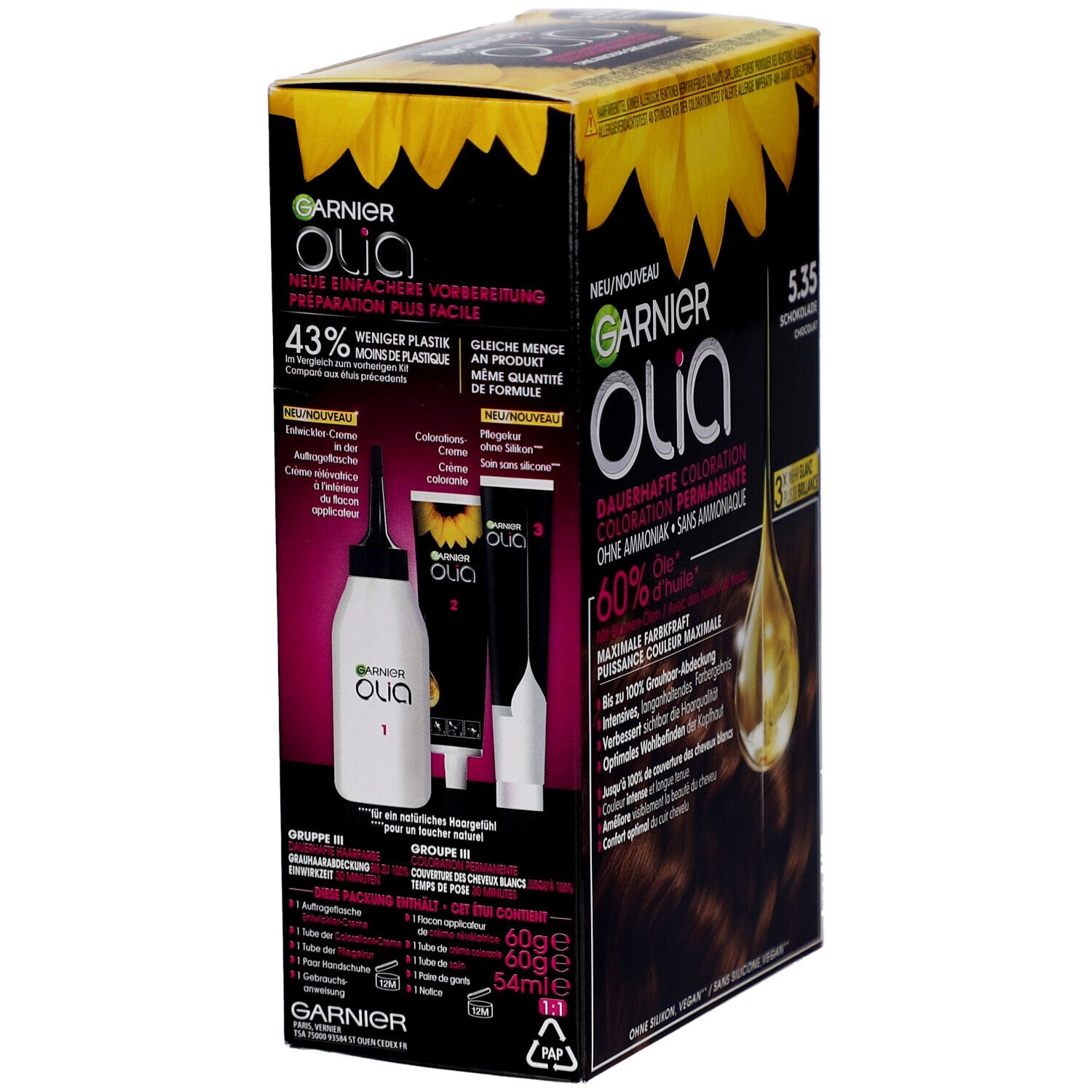 Garnier Olia haarkleurverpakking. Bevat fles, applicator, crème en instructies. 43% minder plastic. Zelfde hoeveelheid.