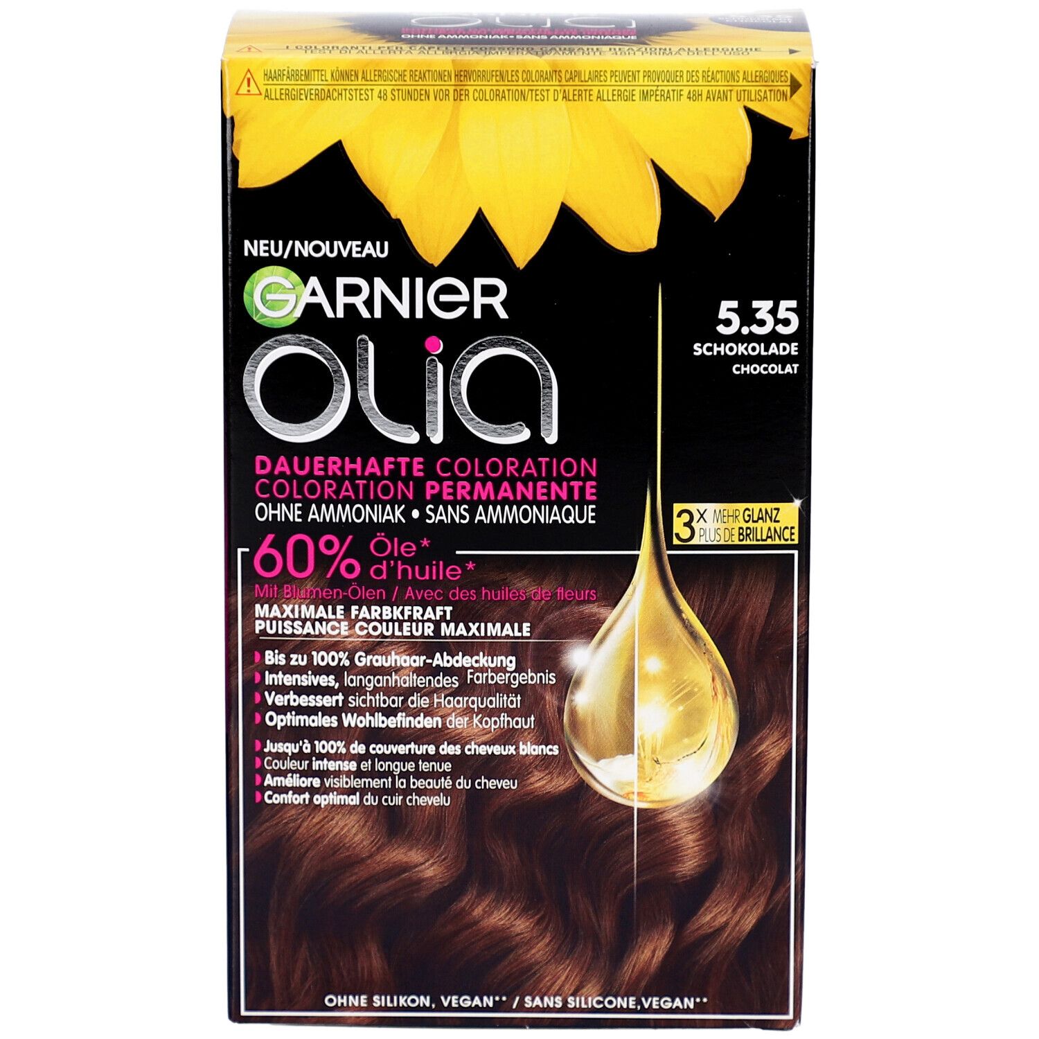 Garnier Olia permanente haarkleur 5.35 chocoladebruin. Doos met productafbeelding en tekst. Bevat 60% olie. Zonder siliconen, vegan.
