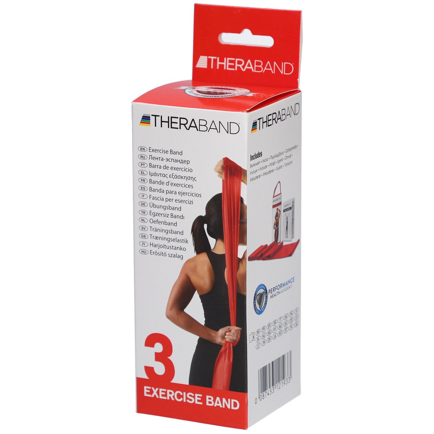 Boîte rouge TheraBand Exercise Band. Femme tenant une bande rouge. Informations produit multilingues. Numéro 3.