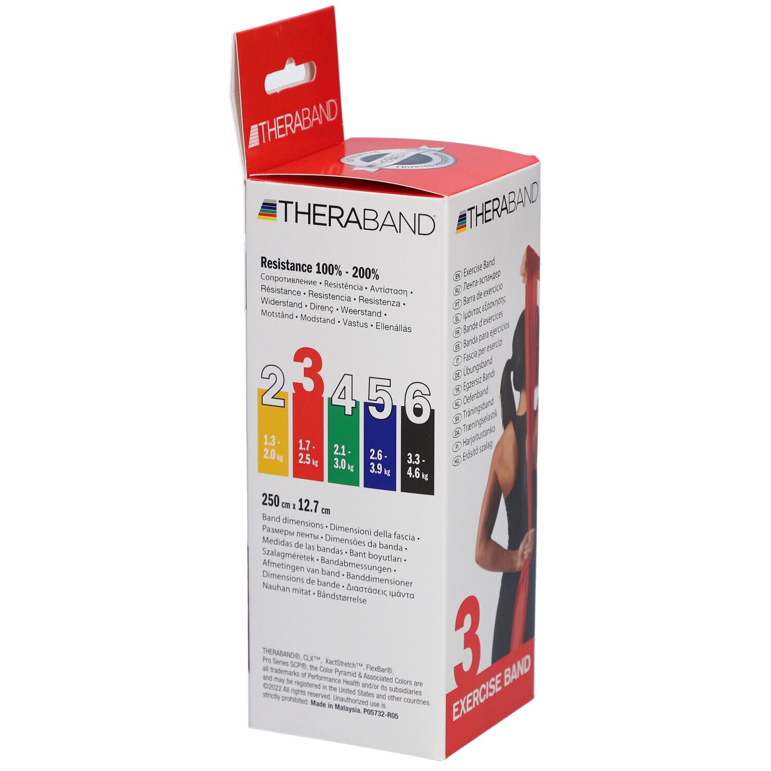 Boîte TheraBand Exercise Band. Codes couleurs des résistances. Résistance 100%-200%. Dimensions bande 250x12.7mm. Numéro 3.