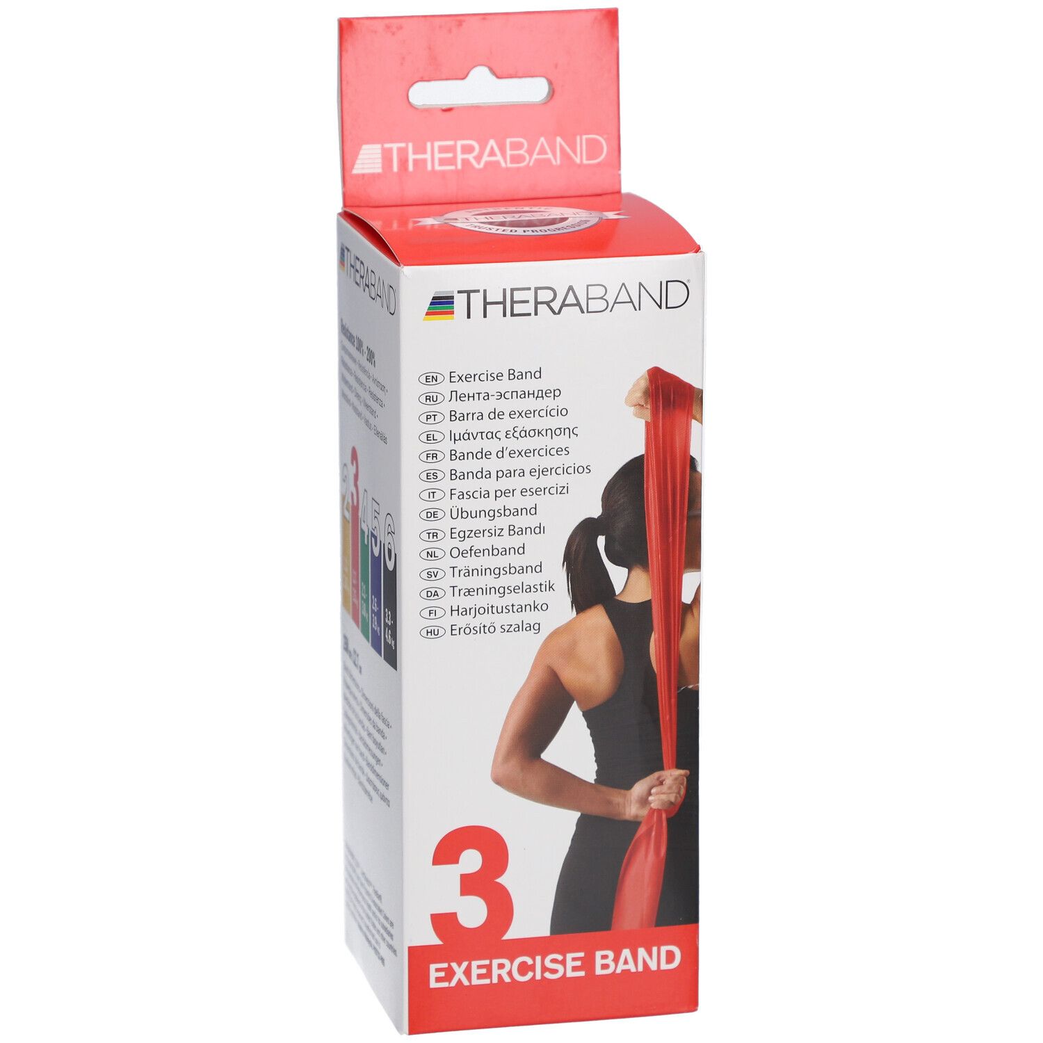 Boîte TheraBand Exercise Band. Bande rouge. Femme tenant la bande. Informations produit. Numéro 3. Logo TheraBand.