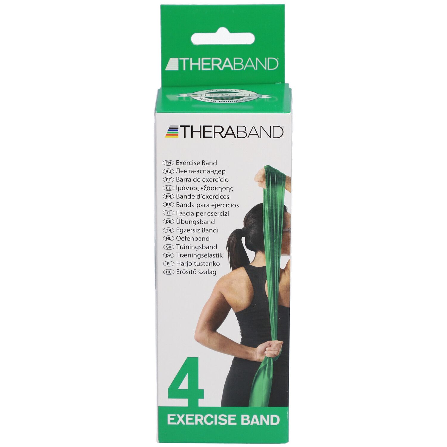 Boîte TheraBand verte. Texte: Exercise Band, 4. Femme tenant la bande derrière le dos. Avec sac.