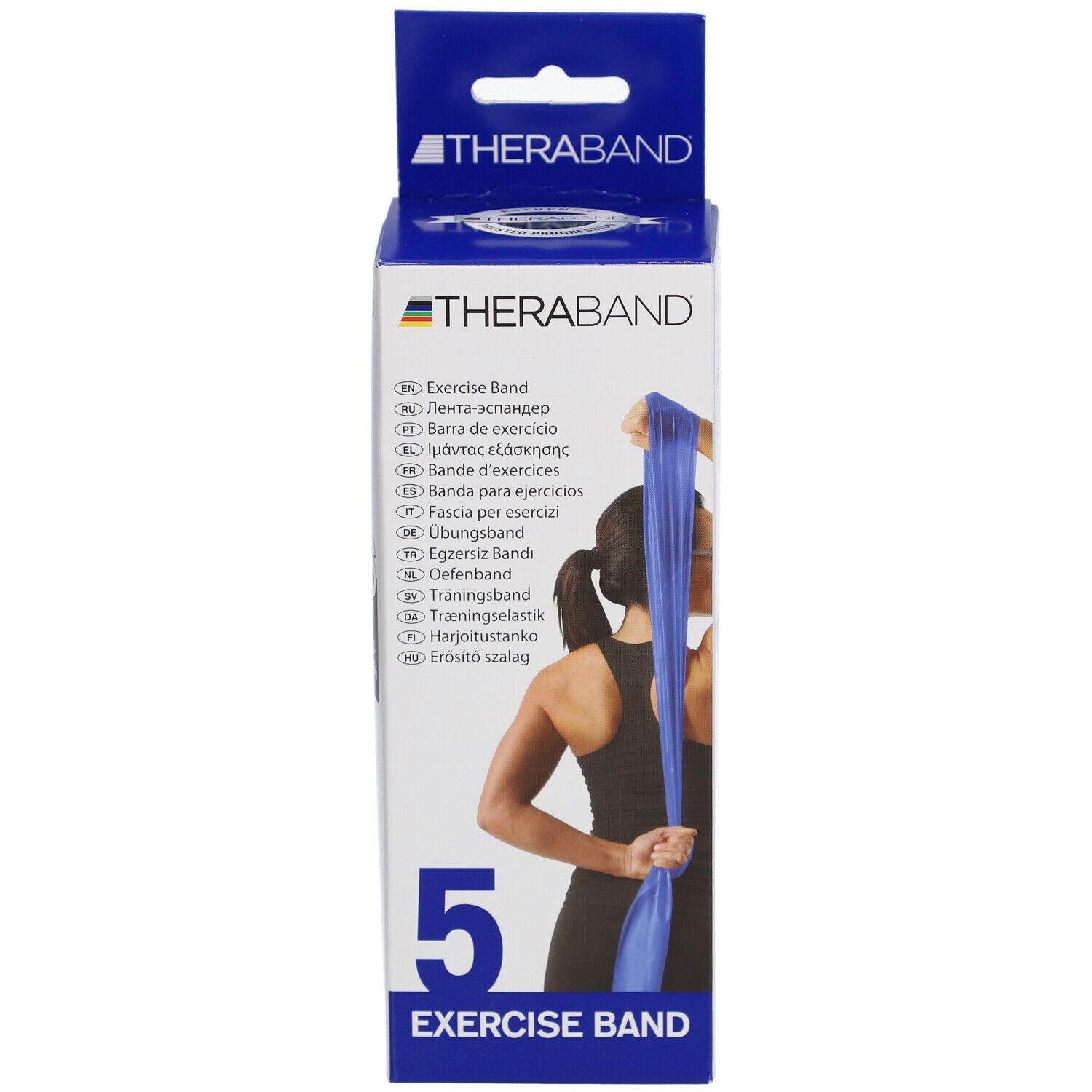 Boîte TheraBand. Bande d'exercice bleue, femme tenant la bande. Texte: Exercise Band, 5, TheraBand.