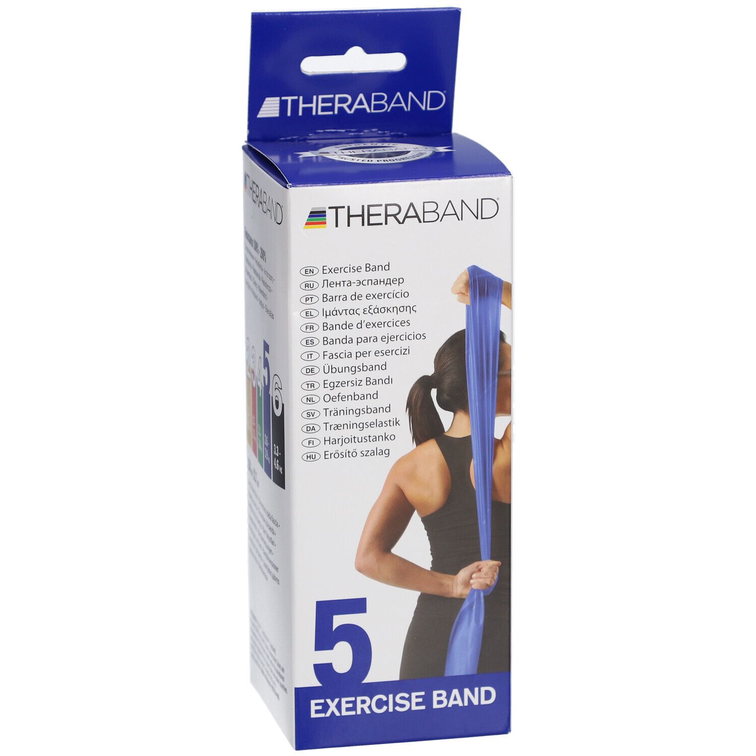 Boîte TheraBand. Bande d'exercice bleue, femme tenant la bande. Texte: Exercise Band, 5, TheraBand.