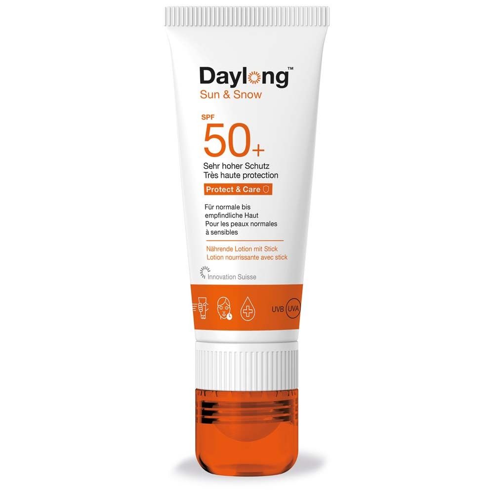 Witte tube met oranje dop. Opschrift: Daylong Sun & Snow SPF 50+. Voor normale tot gevoelige huid.