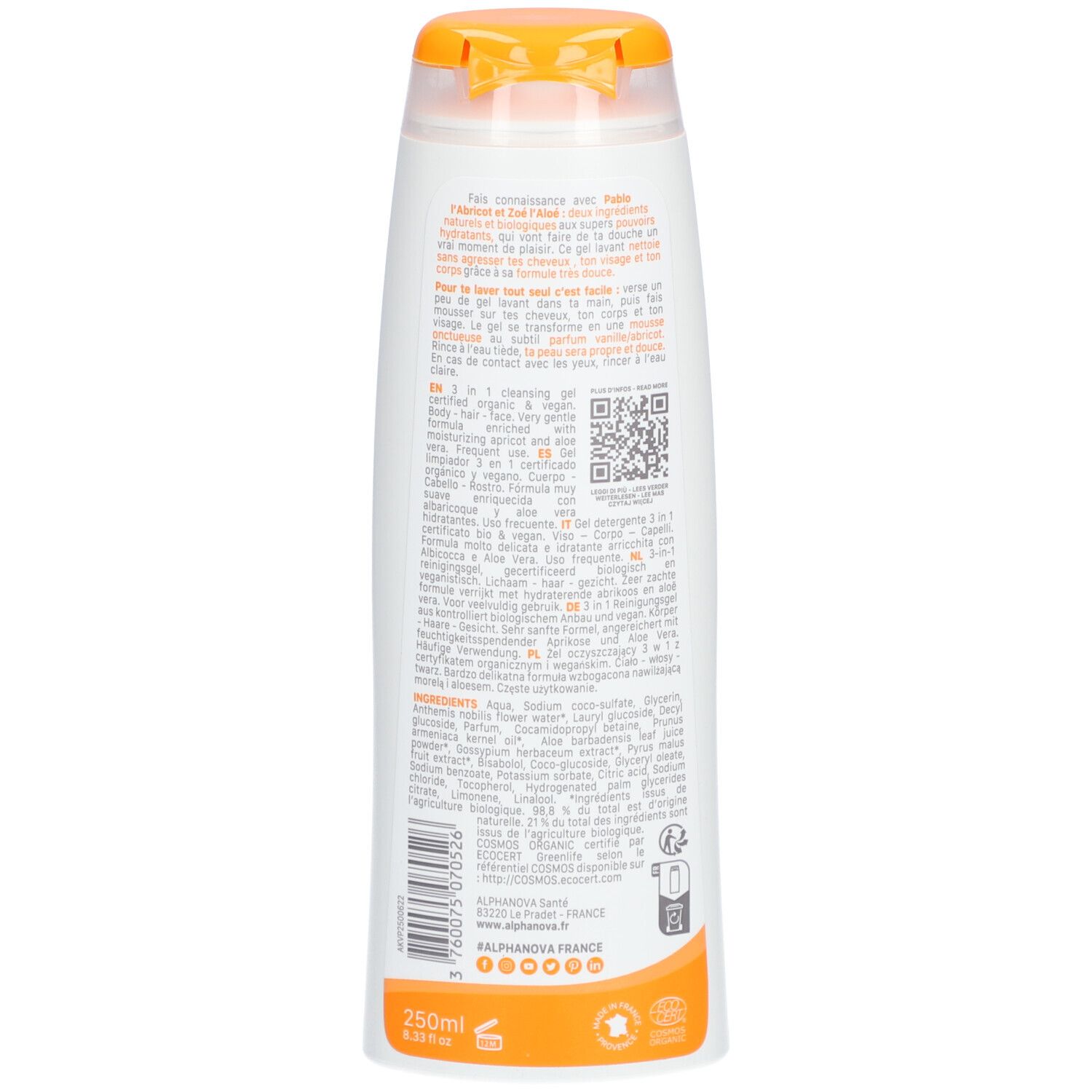 Achterkant van de fles. Meertalige tekstinformatie. Bio-certificering. Ingrediënten en fabrikantgegevens.