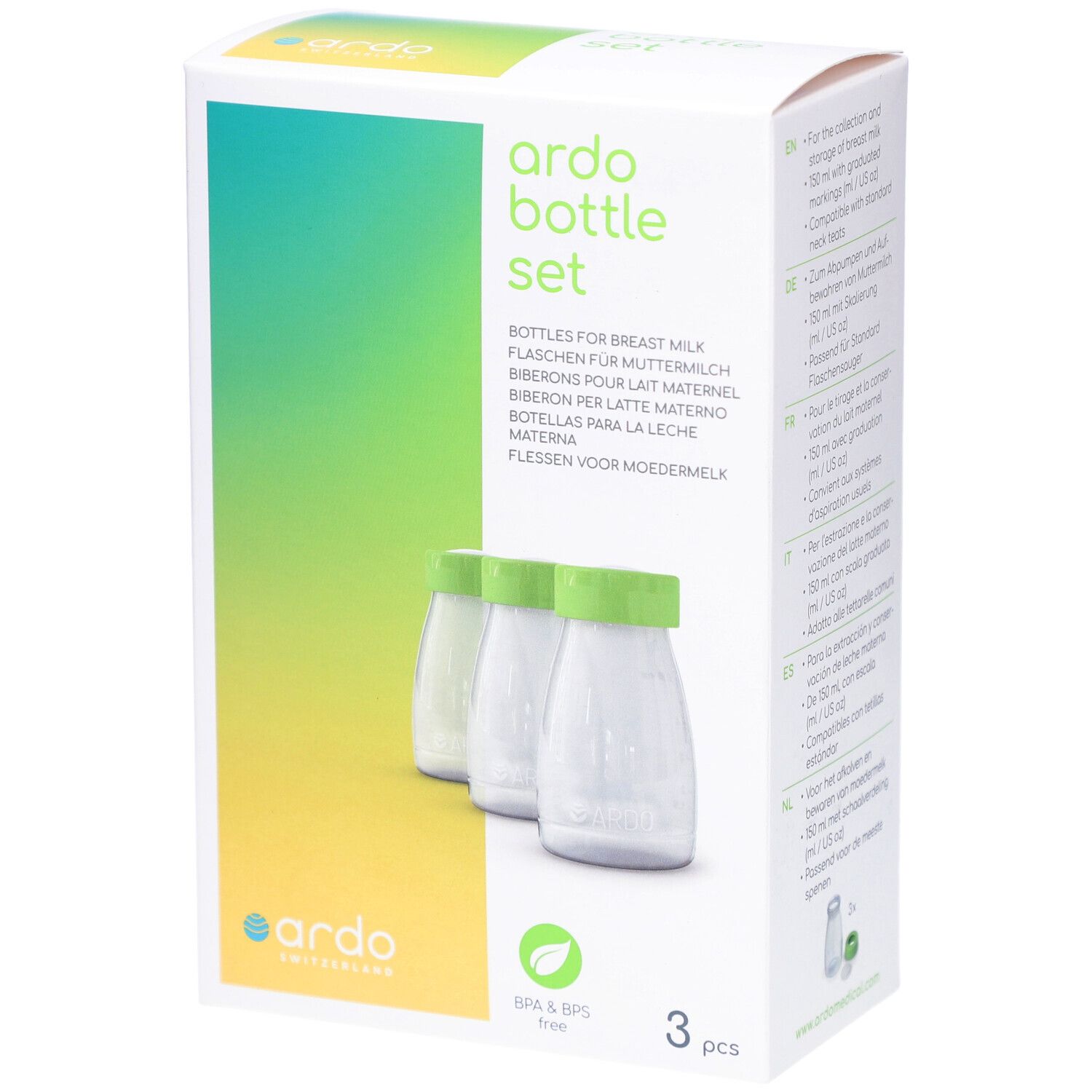 Verpakking met 3 flessen. Opschrift: ardo bottle set. Flessen voor moedermelk. BPA & BPS vrij.