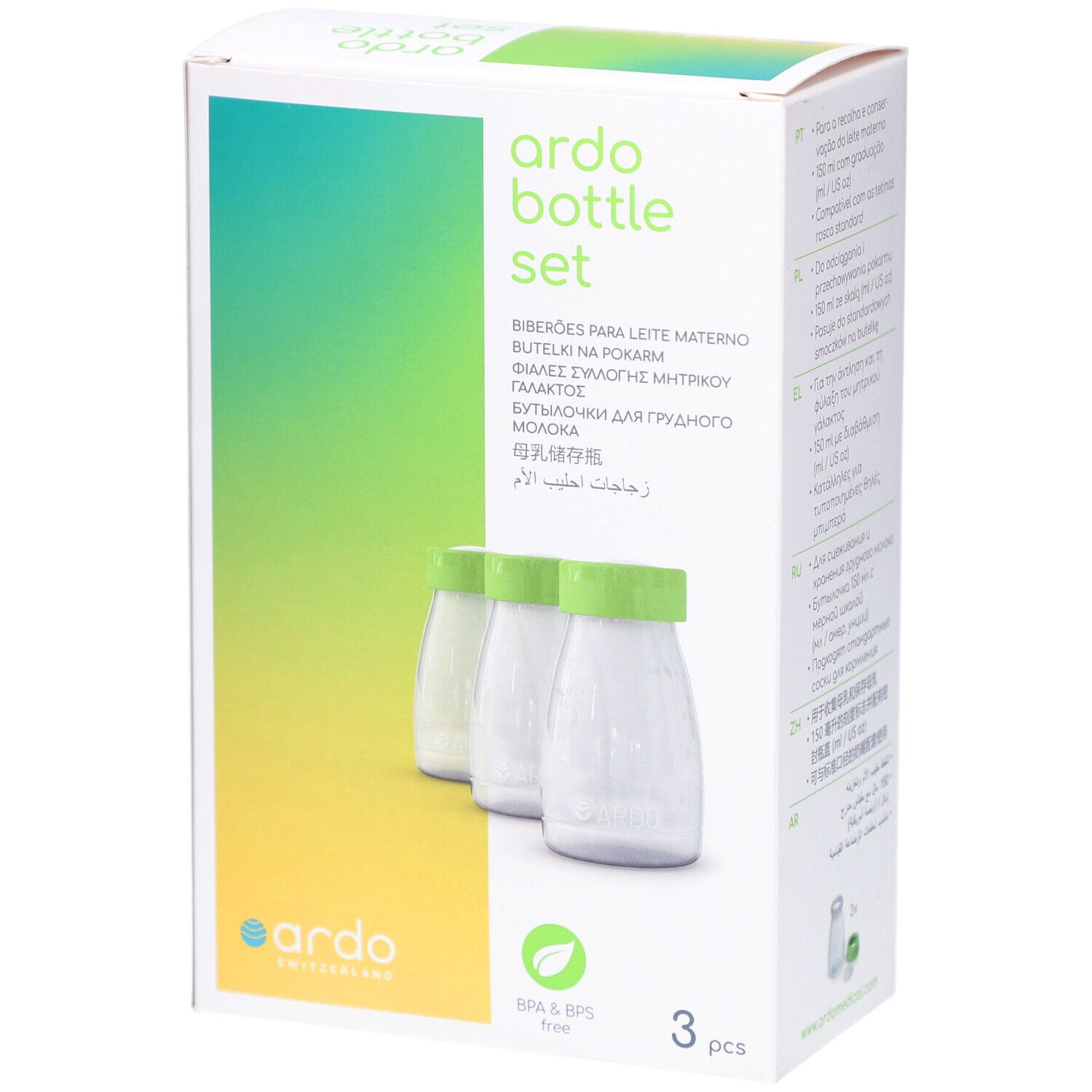 Verpakking met 3 flessen. Opschrift: ardo bottle set. Flessen voor moedermelk. BPA & BPS vrij.