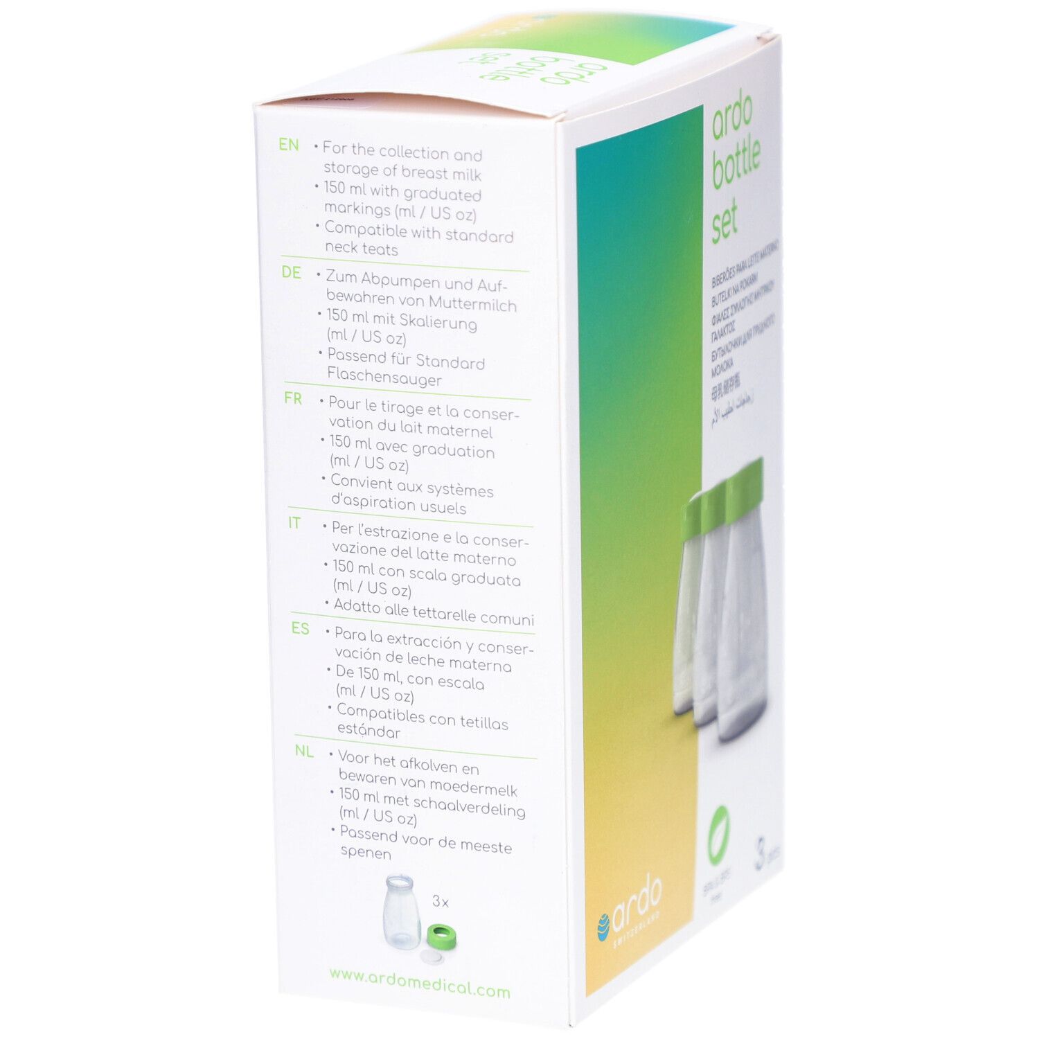 Zijkant van de verpakking met tekst in verschillende talen. Opschrift: ardo bottle set. Illustratie van fles en deksel.