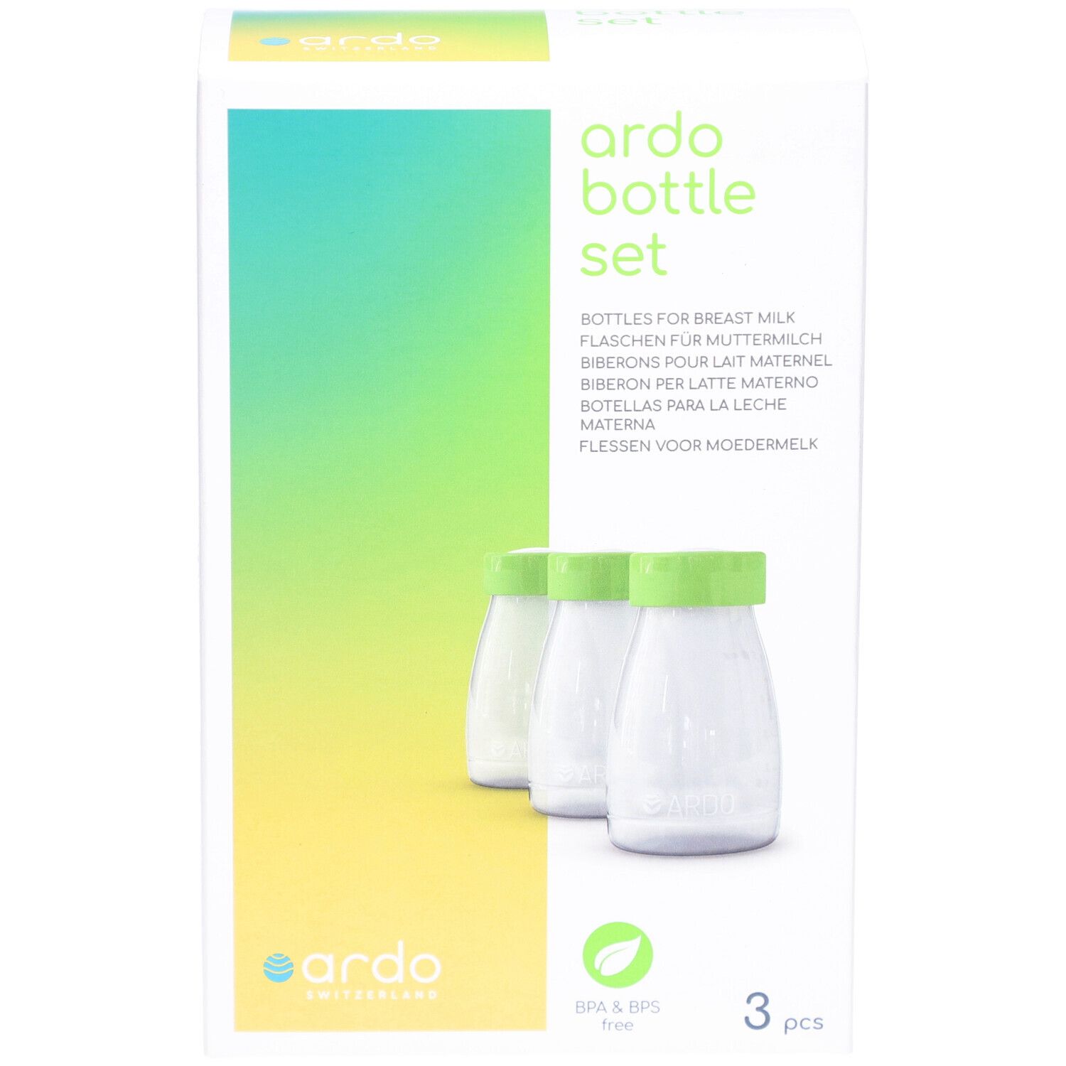 Verpakking met 3 flessen. Opschrift: ardo bottle set. Flessen voor moedermelk. BPA & BPS vrij.