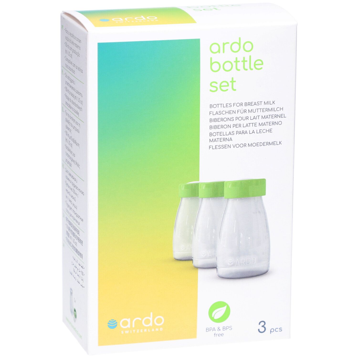 Verpakking met 3 flessen. Opschrift: ardo bottle set. Flessen voor moedermelk. BPA & BPS vrij.