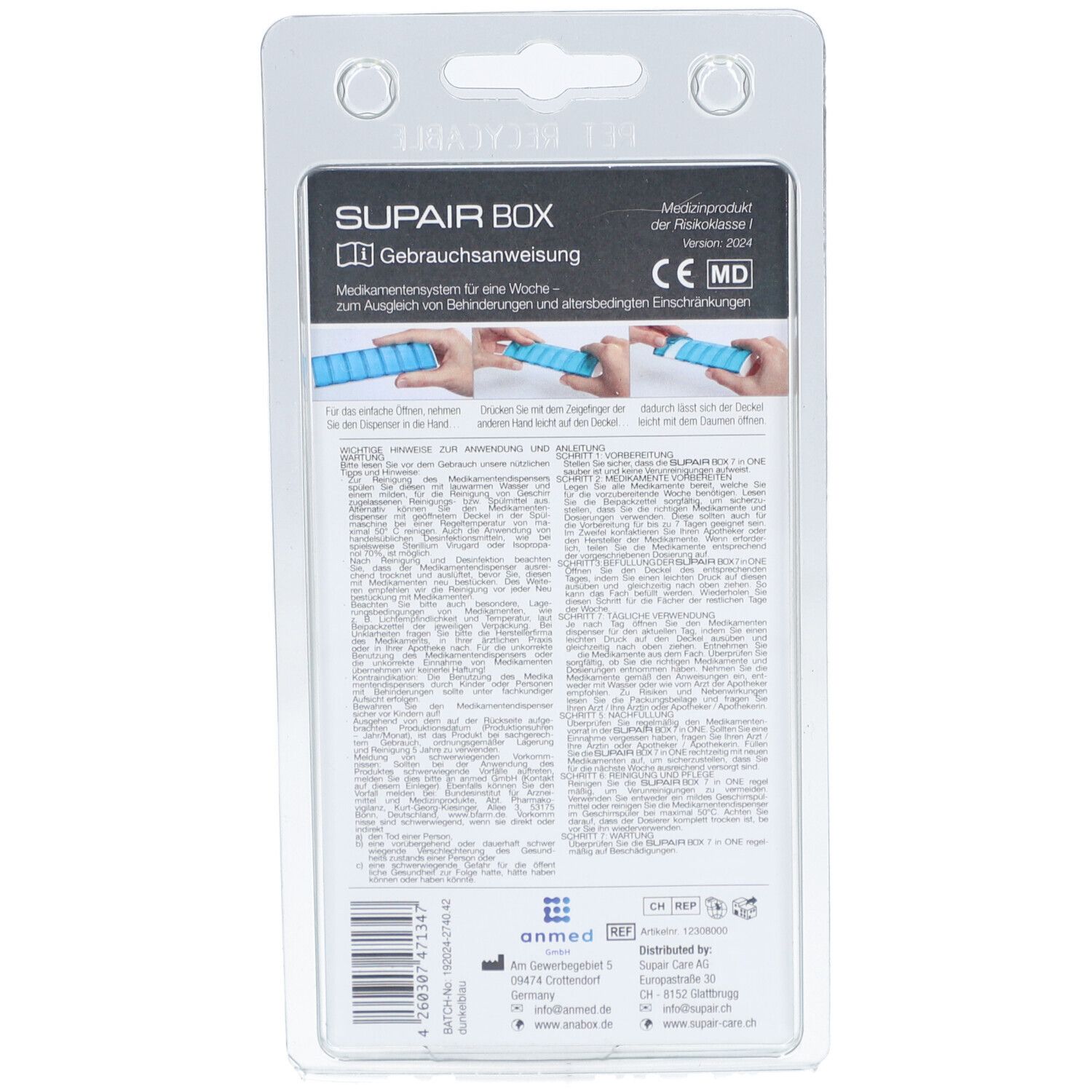 Achterkant van de blisterverpakking. Gebruiksaanwijzing en productinformatie. Medisch hulpmiddel met CE-markering.