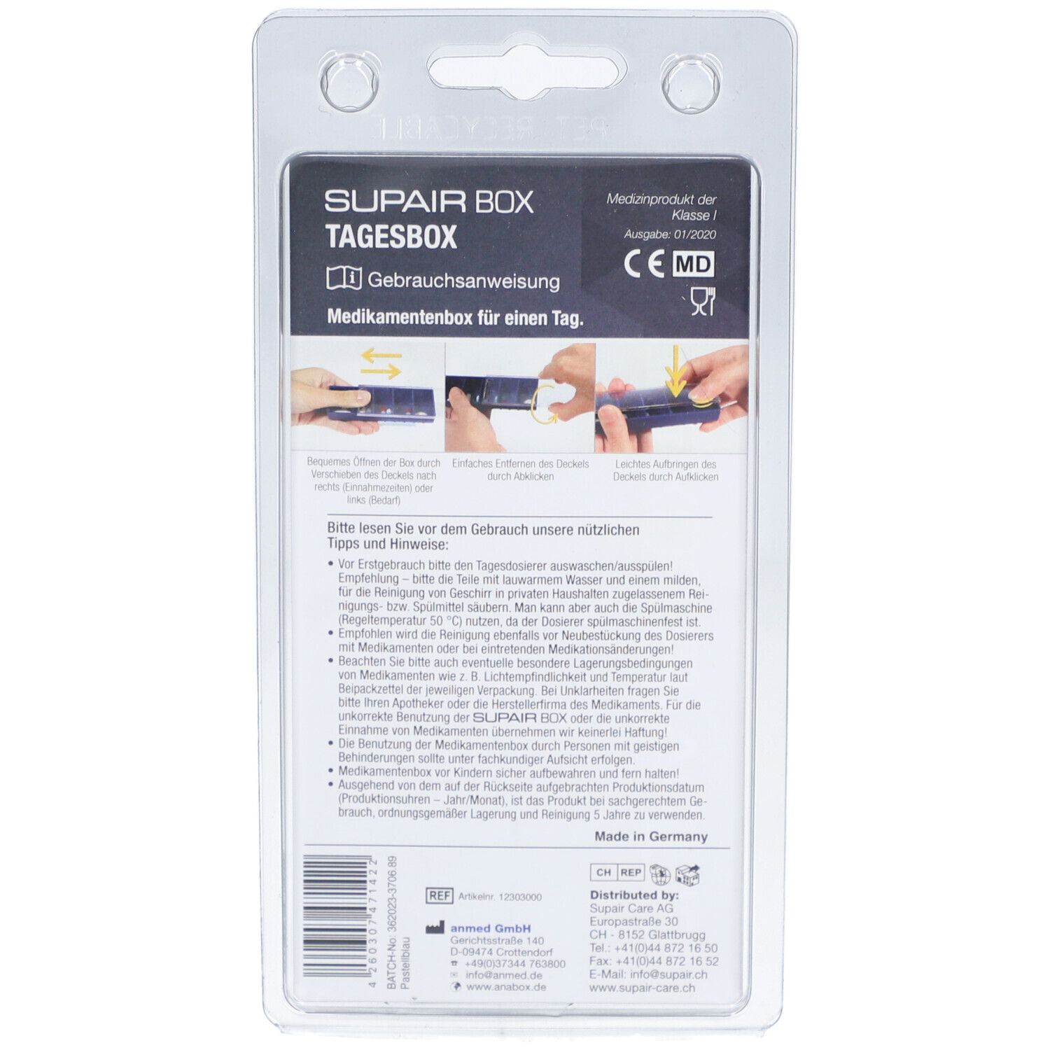 Achterkant van de blisterverpakking van de SUPAIR BOX dagelijkse pillendoos. Tekst: gebruiksaanwijzing, CE-markering, medisch hulpmiddel.