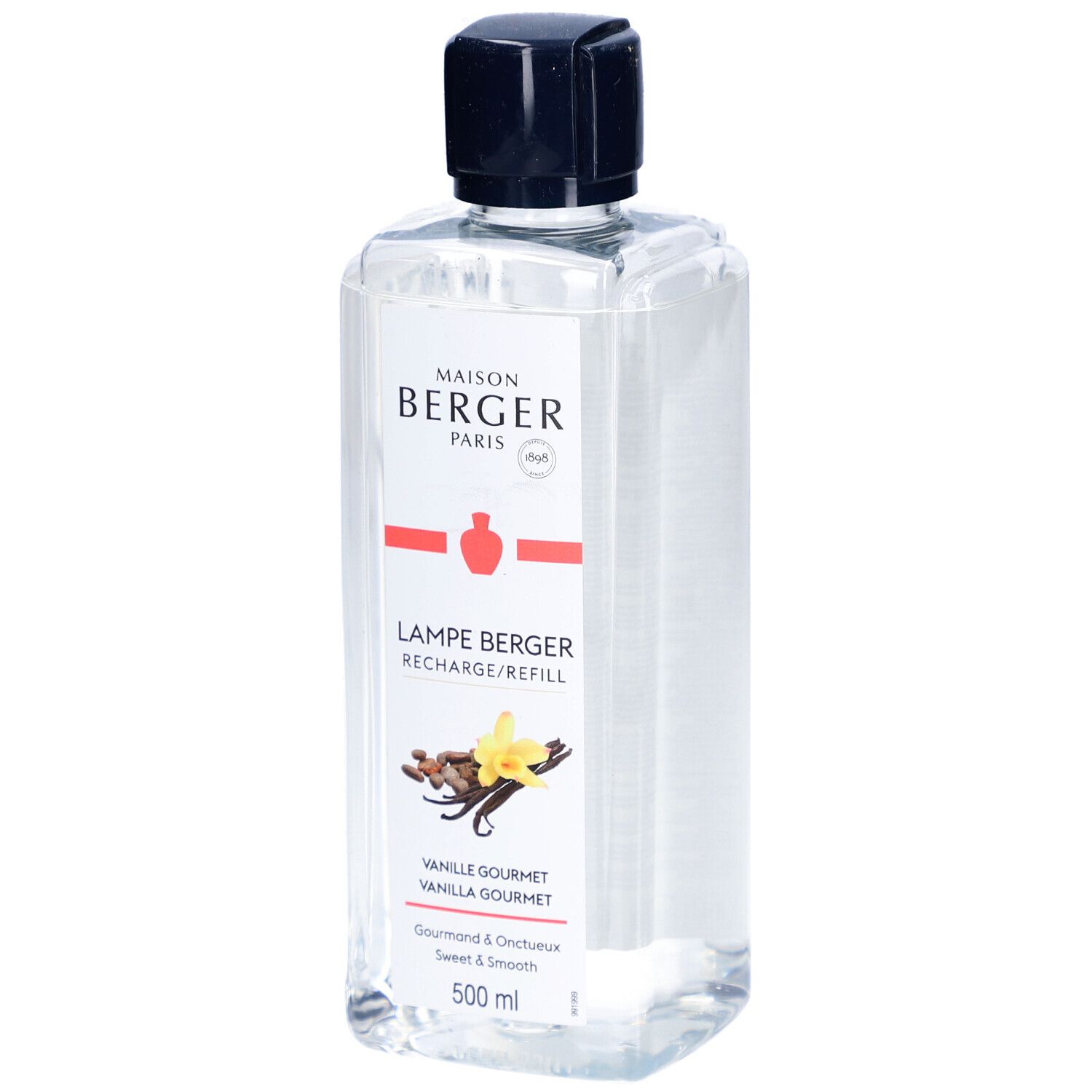Flacon transparent avec bouchon noir. Inscription: Maison Berger Paris, Lampe Berger, Vanille Gourmet. 500 ml.