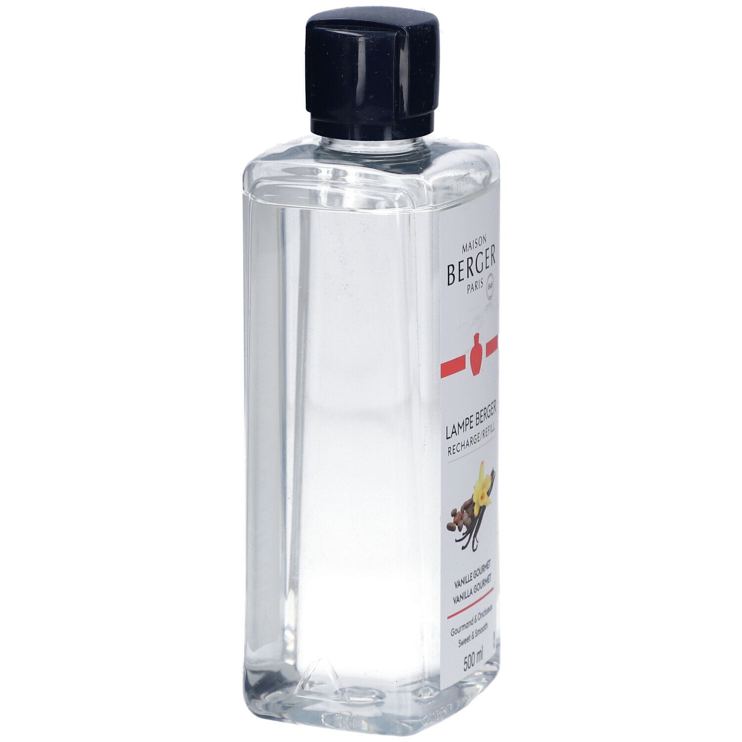Flacon transparent avec bouchon noir. Inscription: Maison Berger Paris, Lampe Berger, Vanille Gourmet. 500 ml.