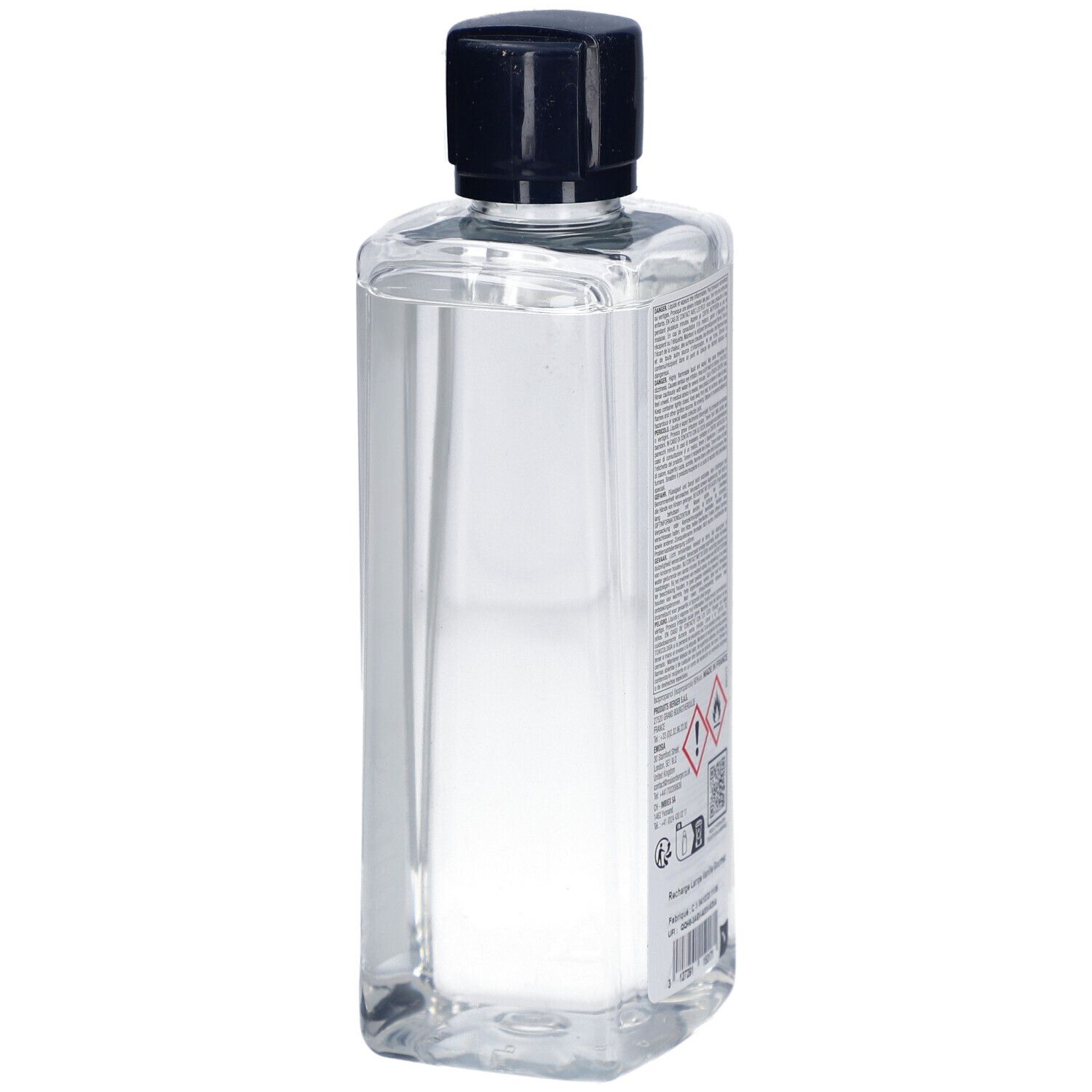 Flacon transparent avec bouchon noir. Dos avec texte et symboles de danger. Lampe Berger Vanille Gourmet.