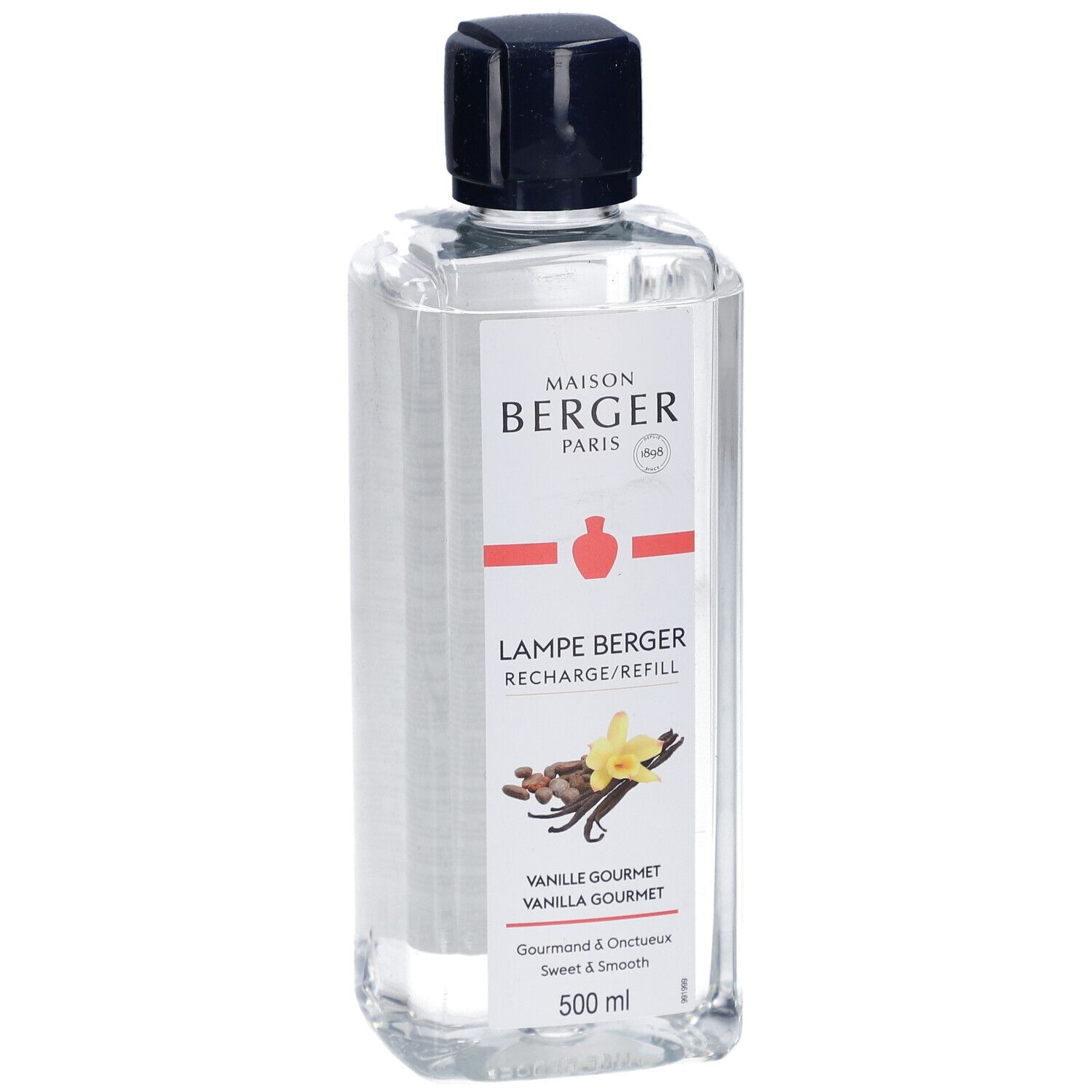 Flacon transparent avec bouchon noir. Inscription: Maison Berger Paris, Lampe Berger, Vanille Gourmet. 500 ml.