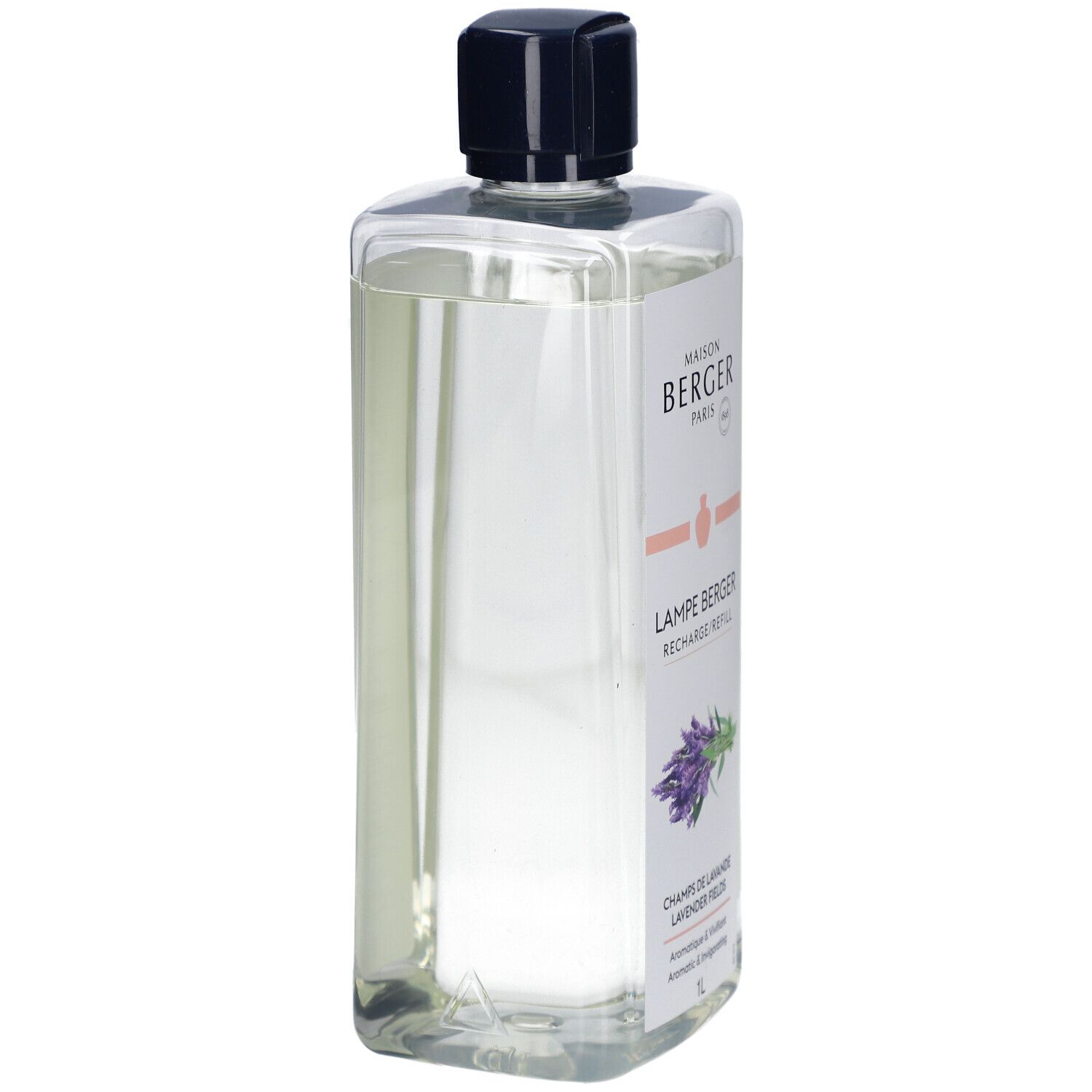 Flacon transparent, bouchon noir. Étiquette avec logo et nom du produit. Illustration de lavande.
