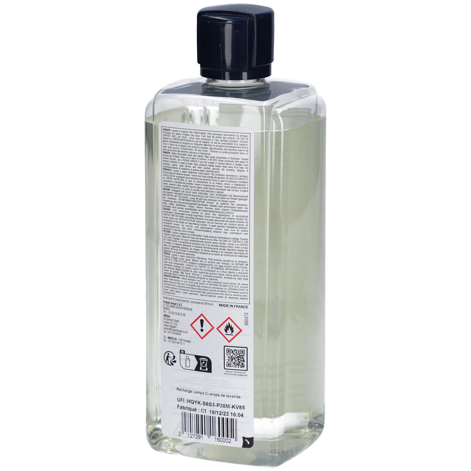 Dos d'un flacon transparent, bouchon noir. Étiquette avec texte et avertissements.