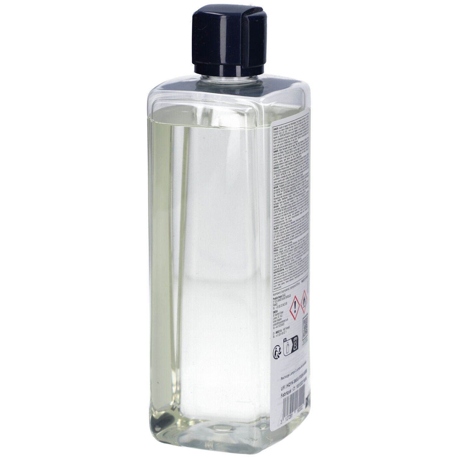 Dos d'un flacon transparent, bouchon noir. Étiquette avec texte et avertissements.